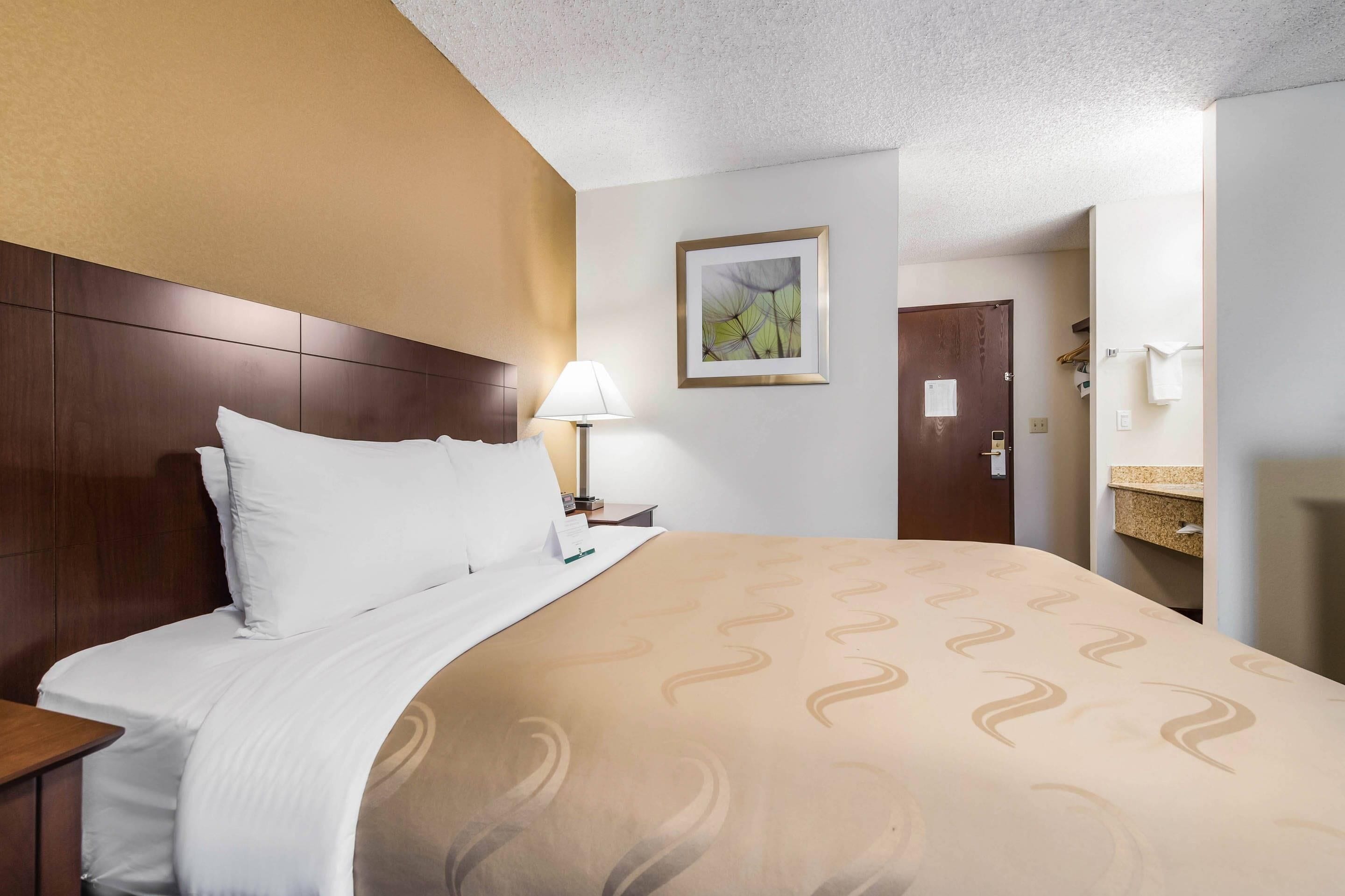A hotel room with a bed, a nightstand, a lamp, a framed picture on the wall, and a door leading to a bathroom.