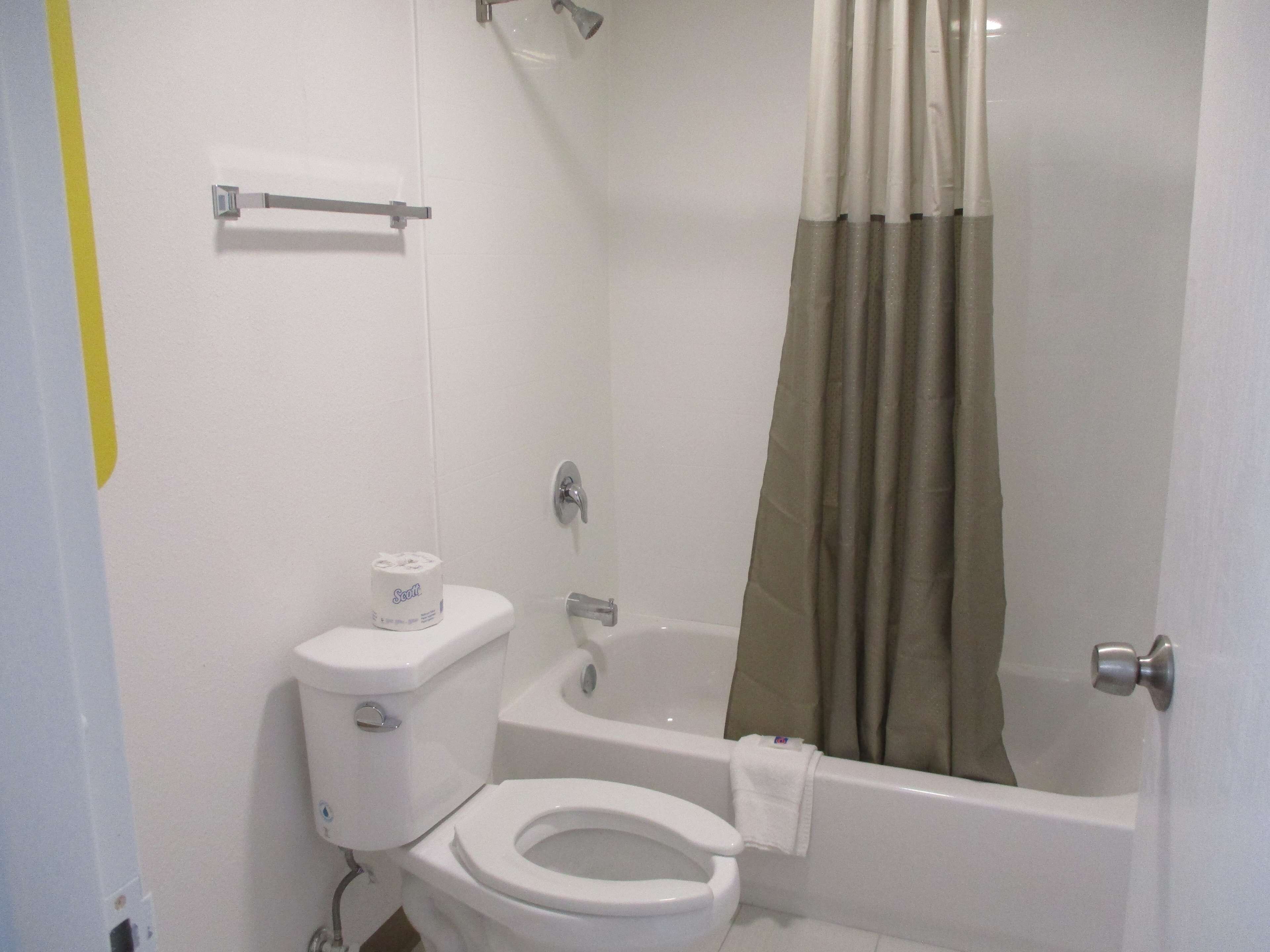 A bathroom with a toilet, a bathtub, and a shower curtain.