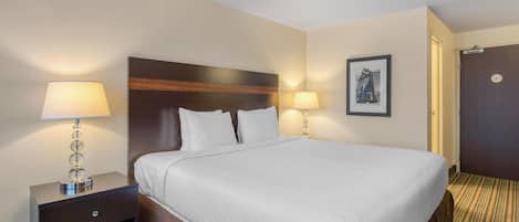 Una habitación de hotel con una cama grande, dos mesitas de noche con lámparas, un cuadro enmarcado en la pared y una puerta.