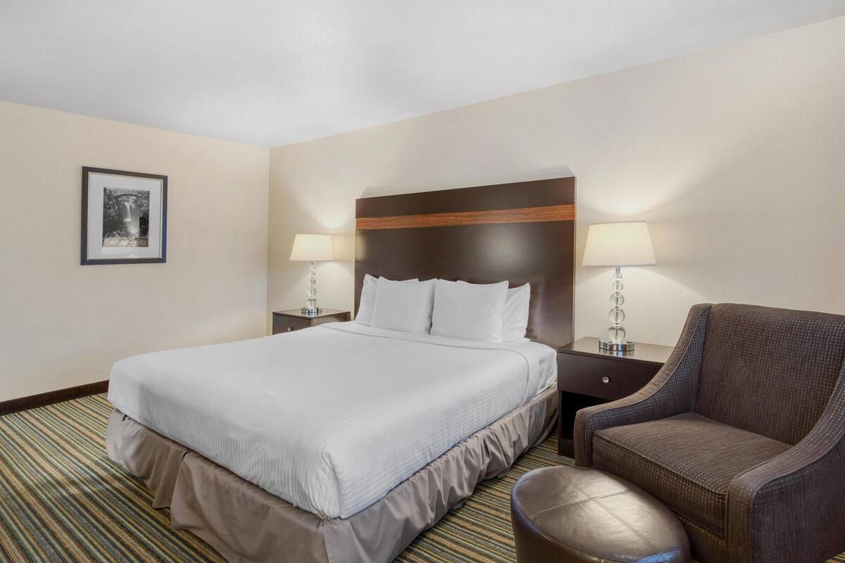 A hotel room with a large bed, two bedside lamps, a framed picture on the wall, and a brown armchair.