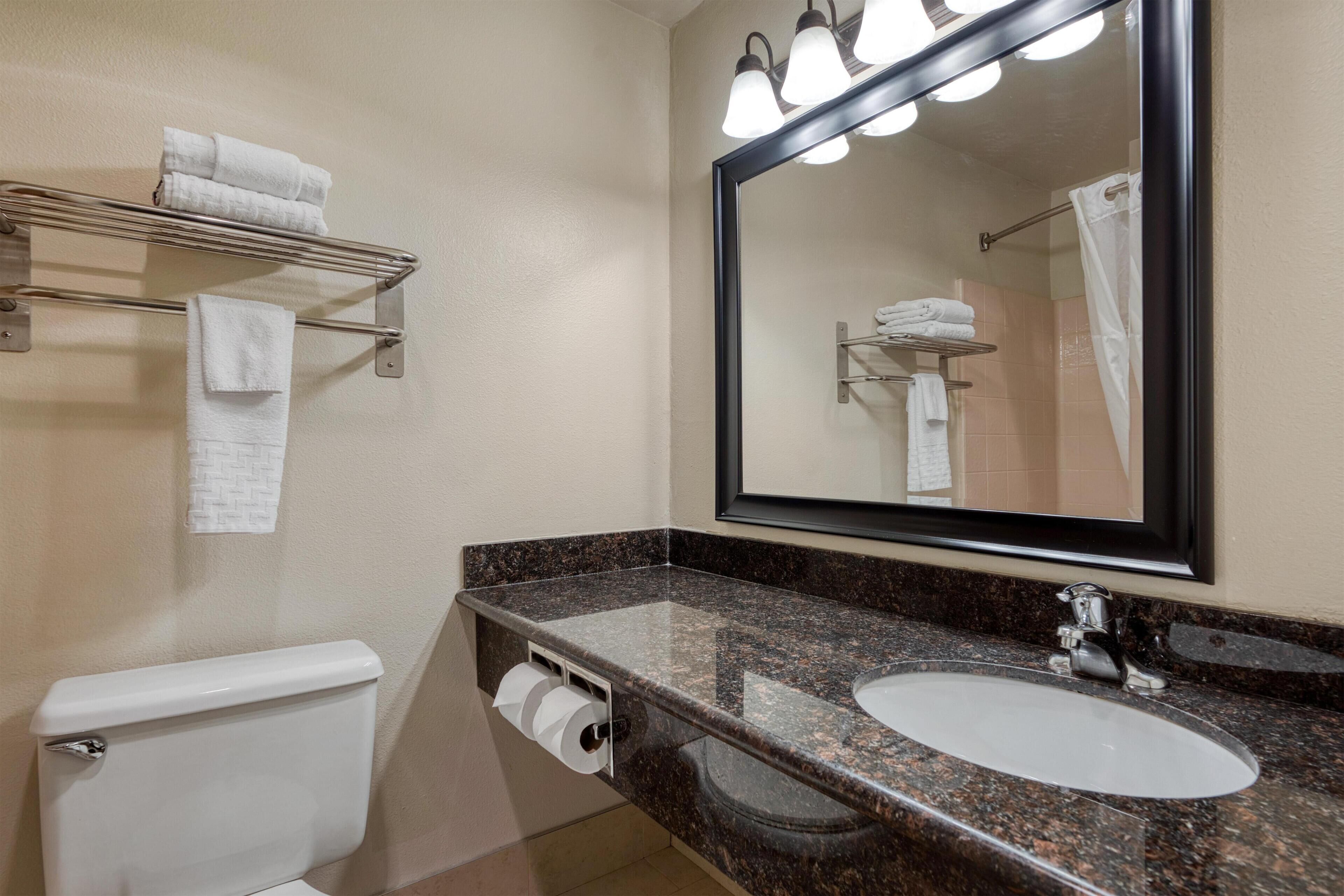 A bathroom with a toilet, sink, towel rack, and mirror.