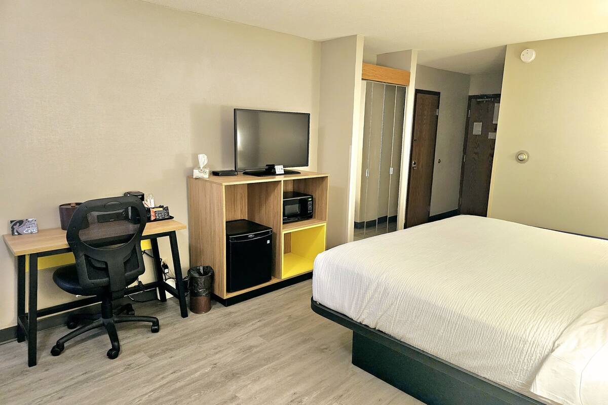 A hotel room with a bed, a desk with a computer and a television, a trash bin, and a wardrobe.