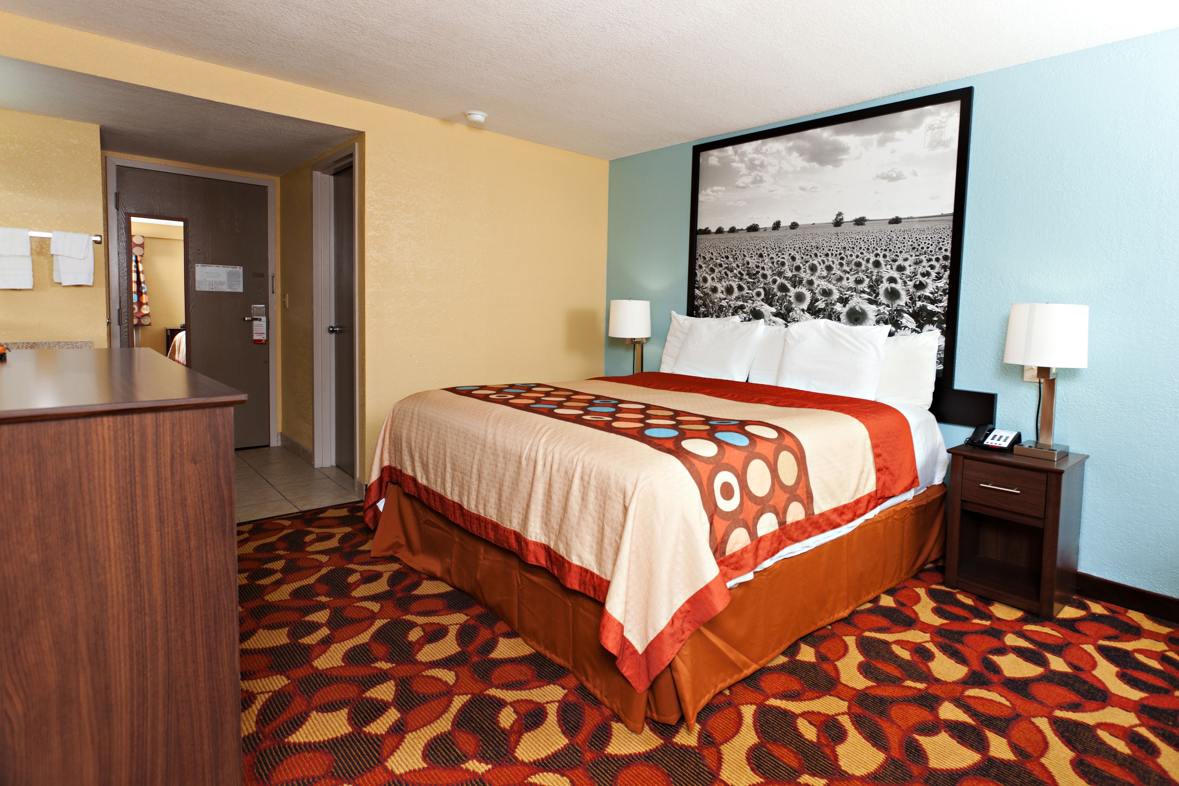 A hotel room with a bed, a desk, a patterned carpet, and a wall-mounted picture.