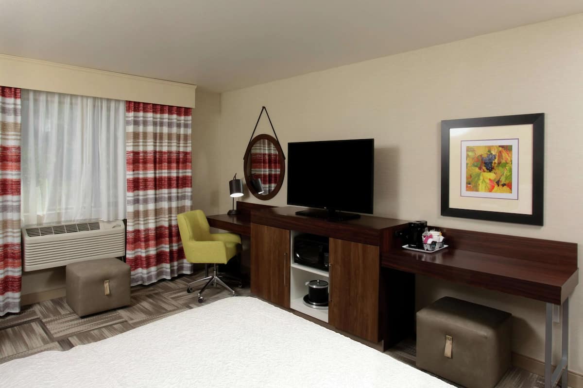 A hotel room with a bed, a desk with a television, a chair, a desk lamp, and a framed picture on the wall.