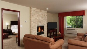 A living room with a fireplace, two sofas, a TV, and a large window with a view of trees. - Hampton Inn Richland/Tri-Cities (Richland)