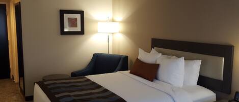 A hotel room with a large bed, a bedside table, a chair, a lamp, and a framed picture on the wall.