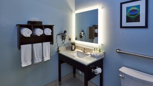 A bathroom with a sink, mirror, towel rack, and toilet. - Holiday Inn Express & Suites Birmingham South - Pelham by IHG (Pelham)