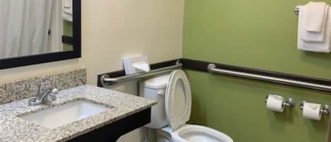 A bathroom with a sink, toilet, and handrail.