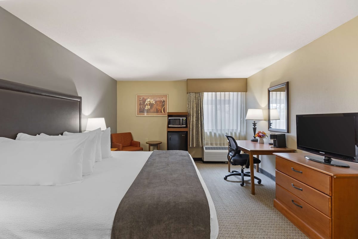 A hotel room with a large bed, a desk with a computer, a television, and a small table with a lamp.