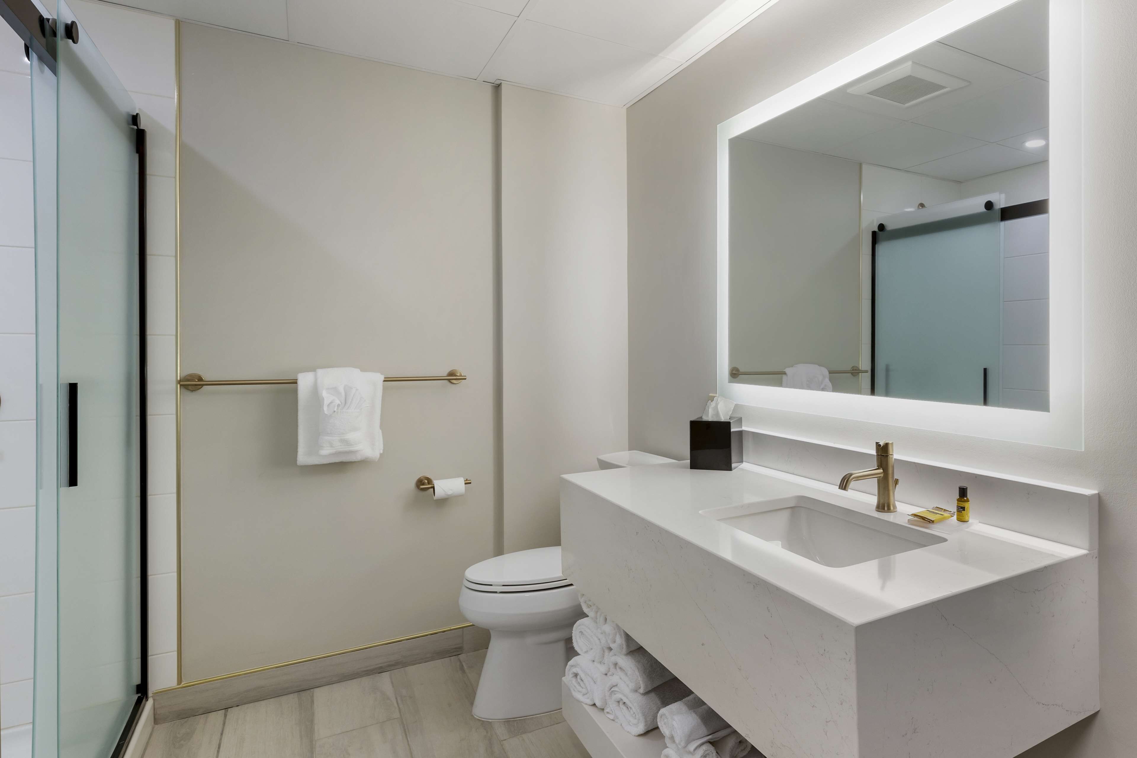 A modern bathroom with a glass shower enclosure, a white toilet, and a vanity with two sinks and a large mirror.