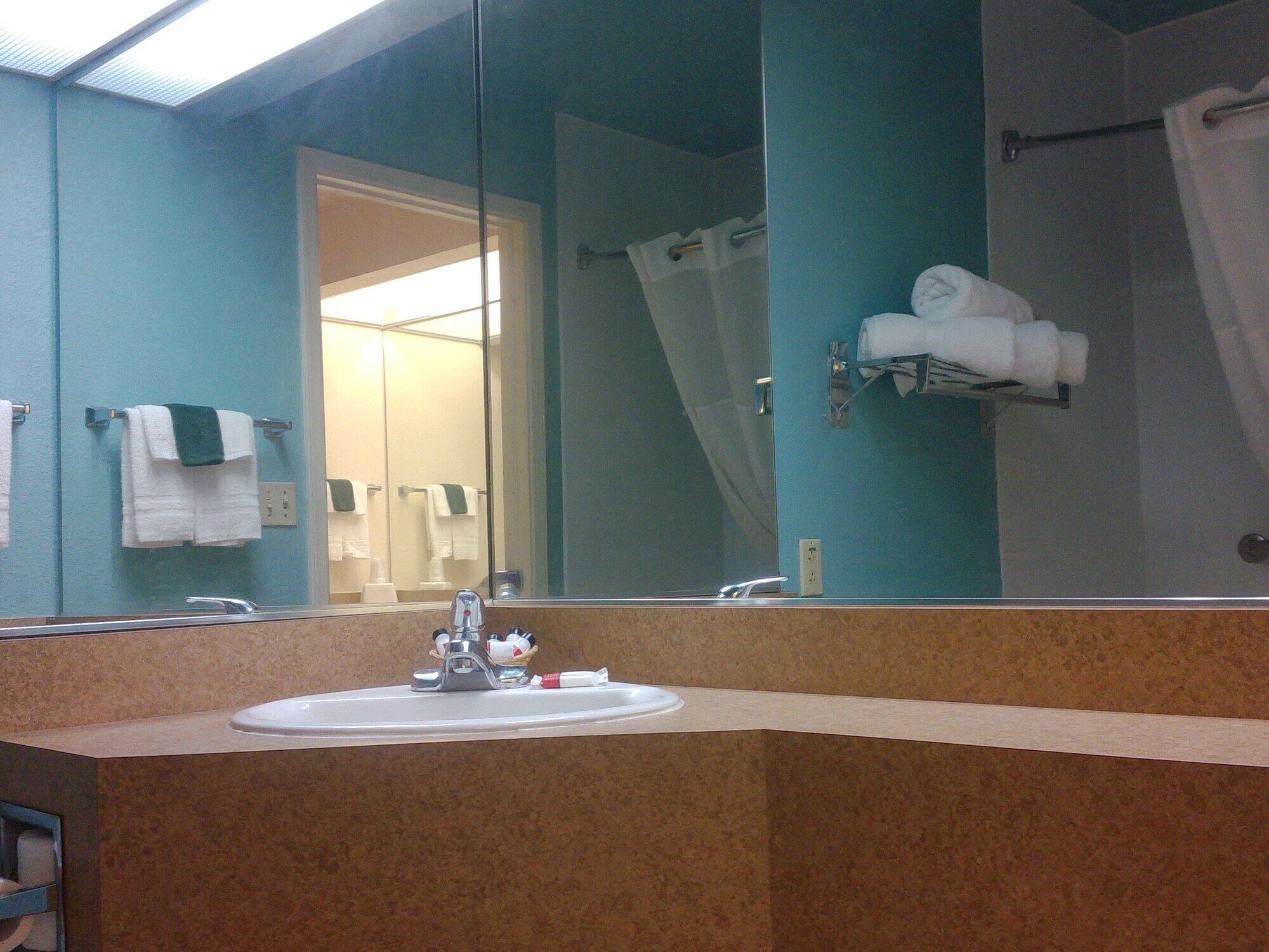 Un baño con lavamanos, espejo, toallero y cortina de ducha.