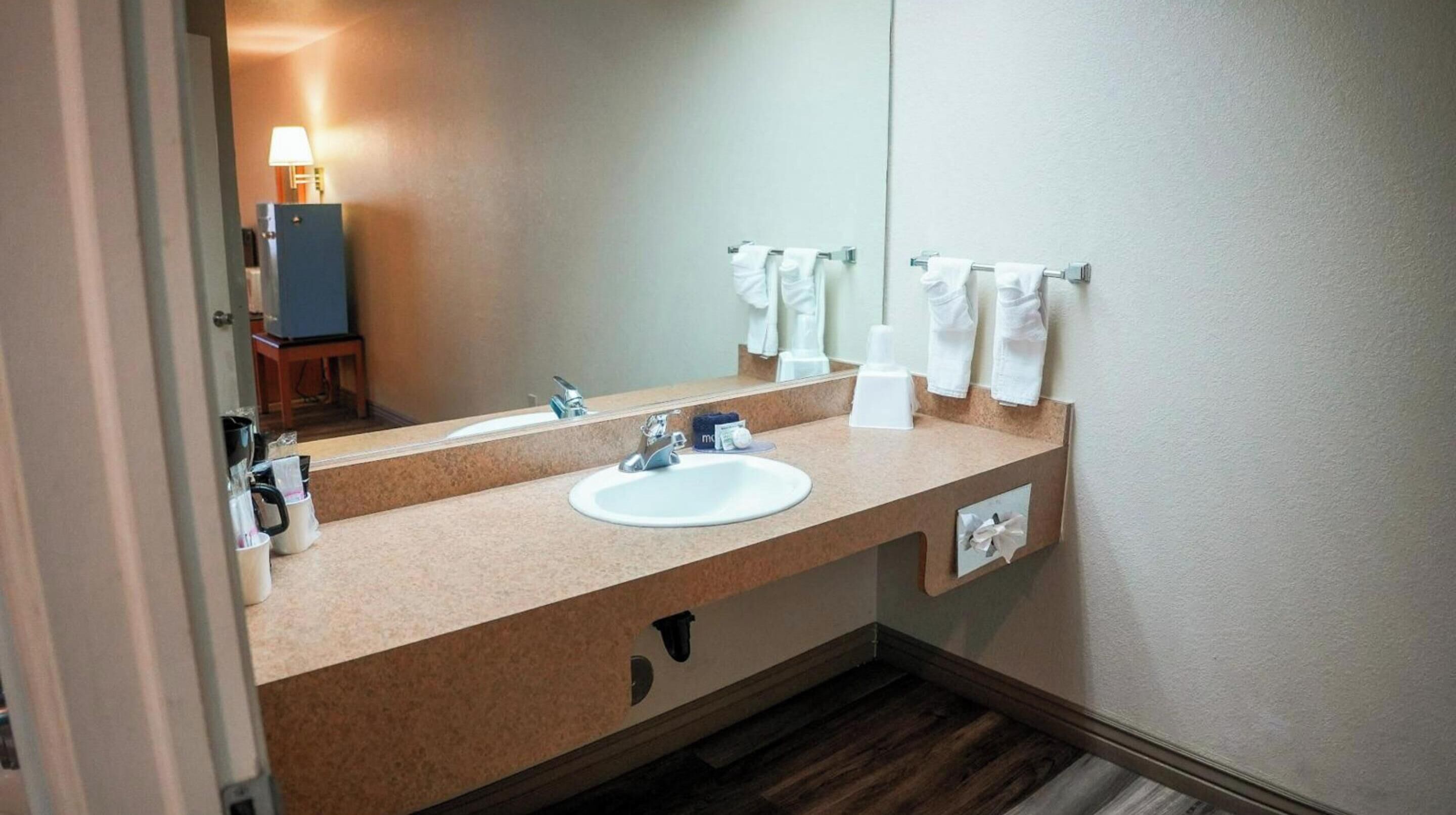 Un baño de hotel con lavamanos, espejo y perchero para toallas.
