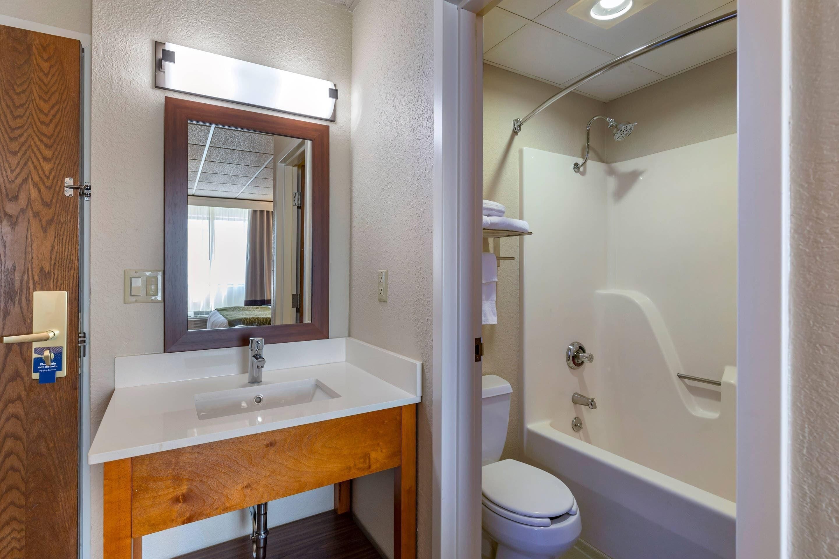 A bathroom with a white sink, wooden vanity, a mirror, a toilet, and a shower.