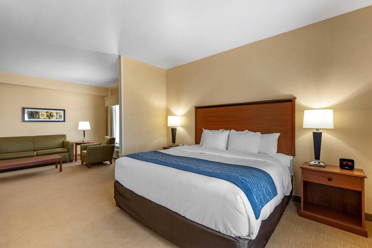 A hotel room with a large bed, a sofa, a small table, two lamps, and a nightstand with a clock.