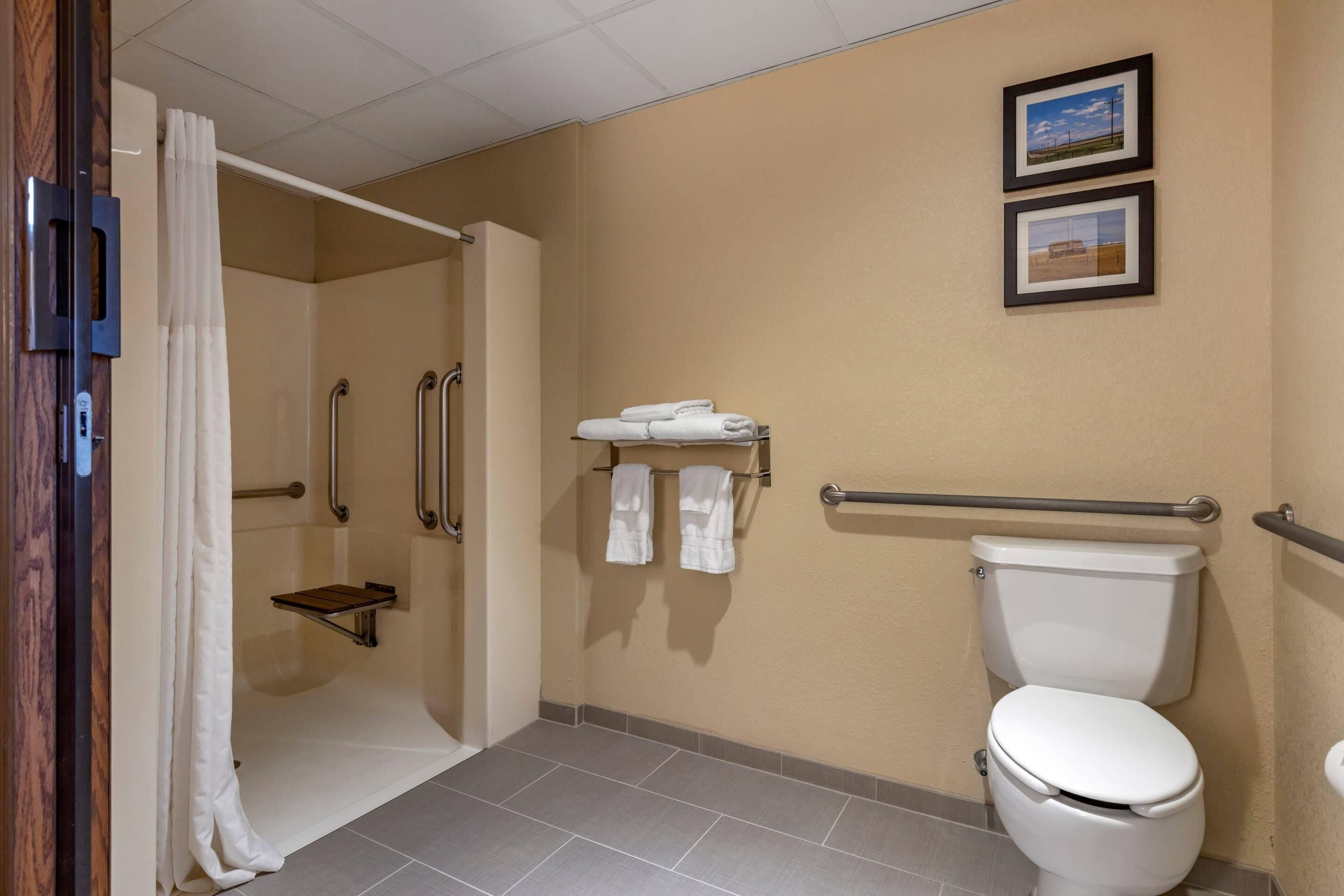 A bathroom with a toilet, a shower, a towel rack, and a small shelf.