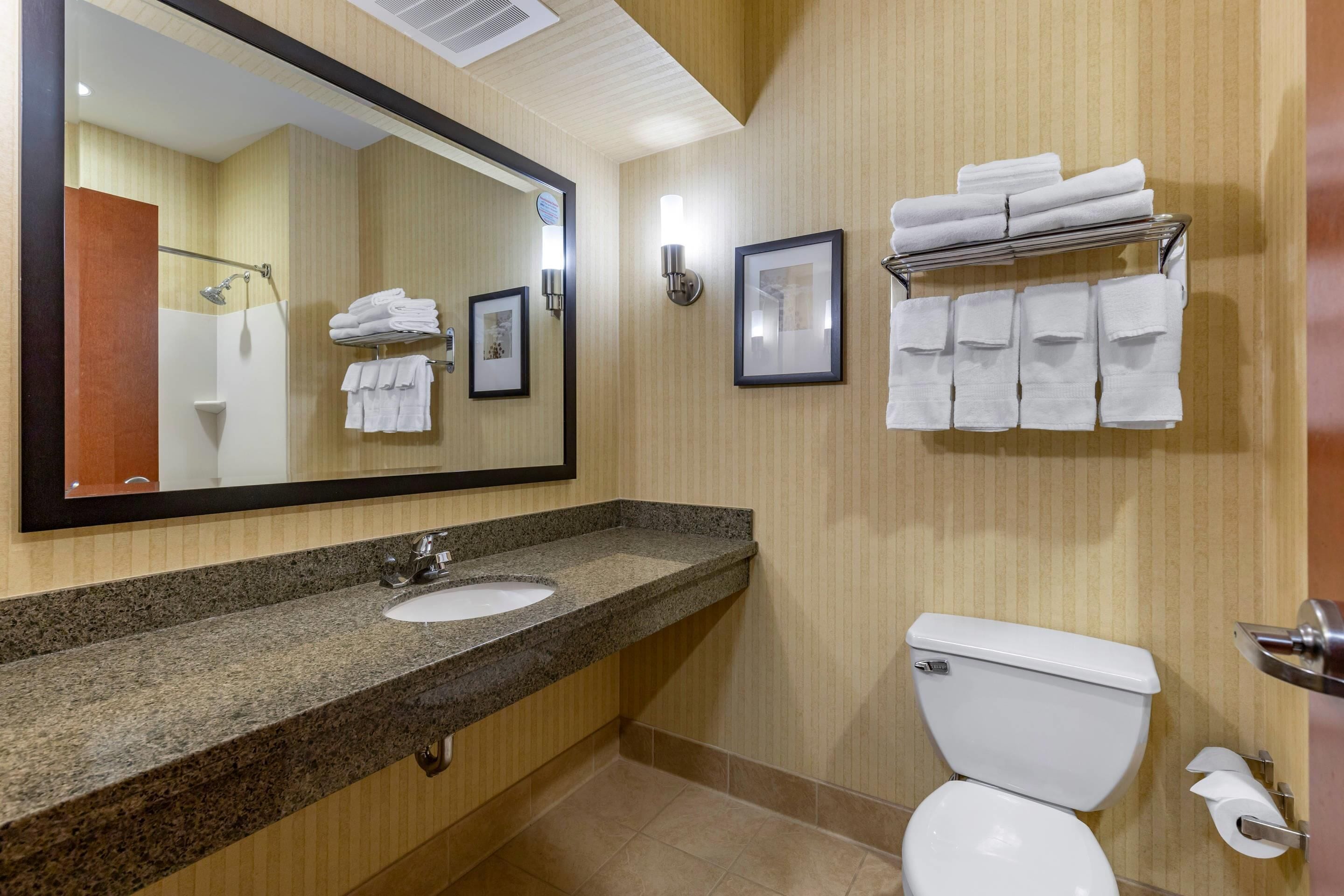Une salle de bain équipée d’un lavabo, d’un miroir, de toilettes, d’un porte-serviettes et de tableaux encadrés au mur.