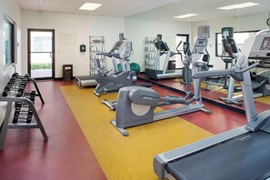 A gym with treadmills, elliptical machines, and weight benches.