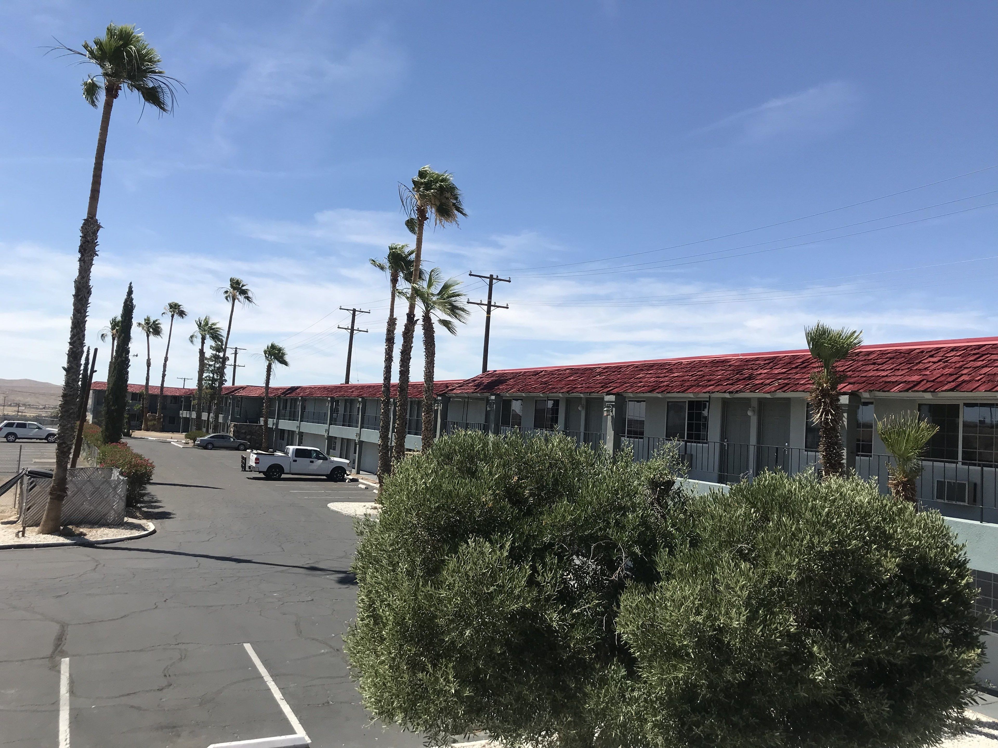 A motel with a red roof, multiple palm trees, and a parking lot.