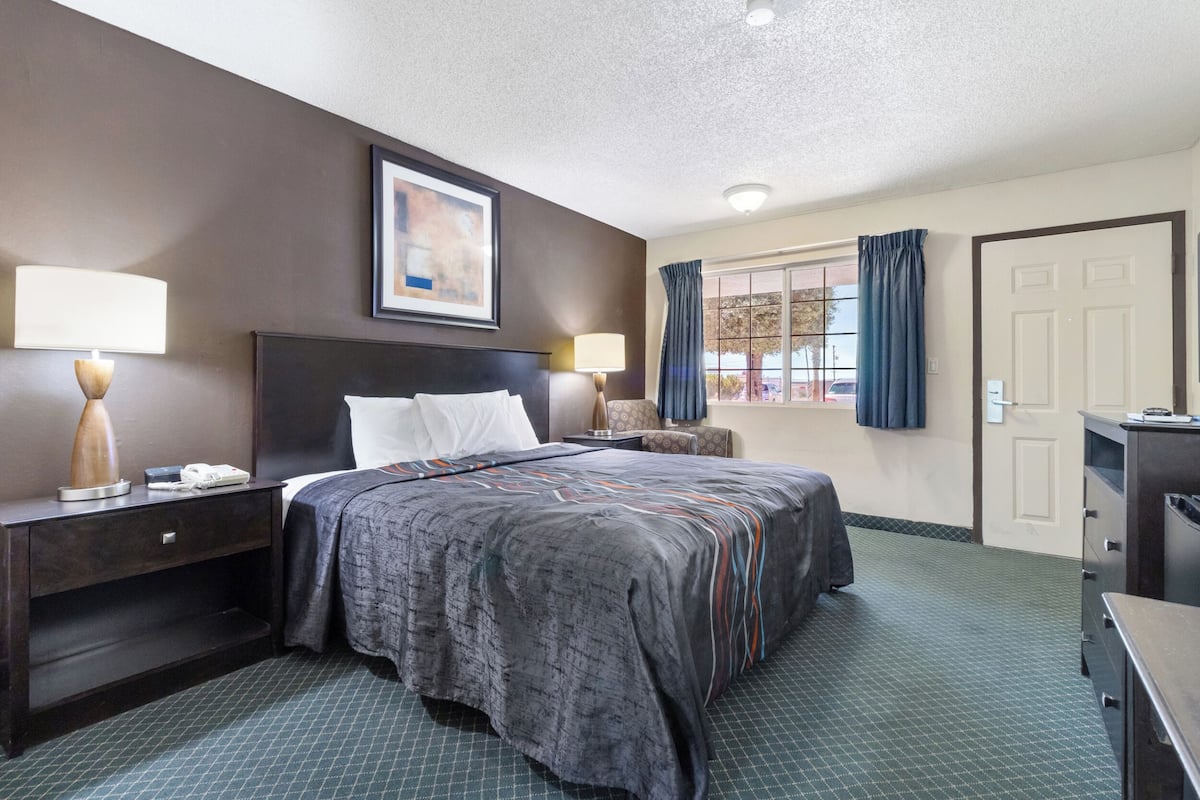 Une chambre d’hôtel avec un grand lit, deux tables de chevet avec des lampes, un tableau encadré au mur, une fenêtre avec des rideaux et une porte.