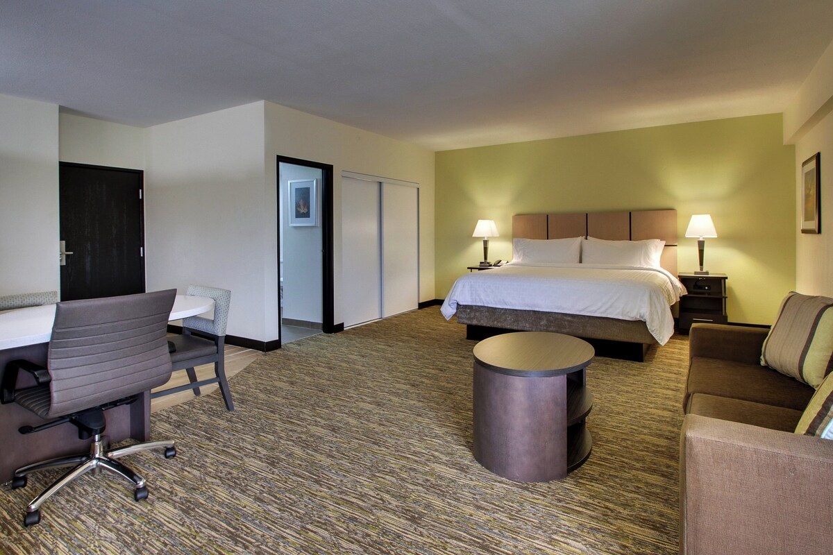 Premium bedding, desk, laptop workspace, blackout drapes