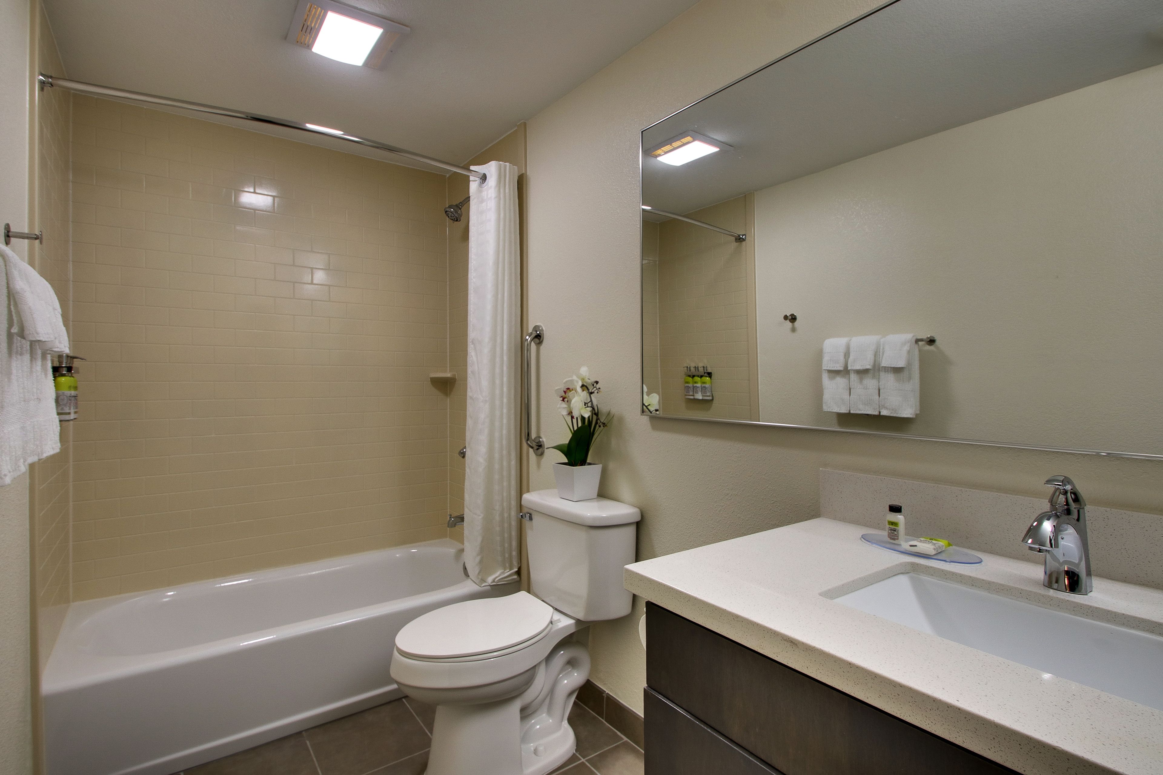 combined shower/bathtub, hair dryer, towels