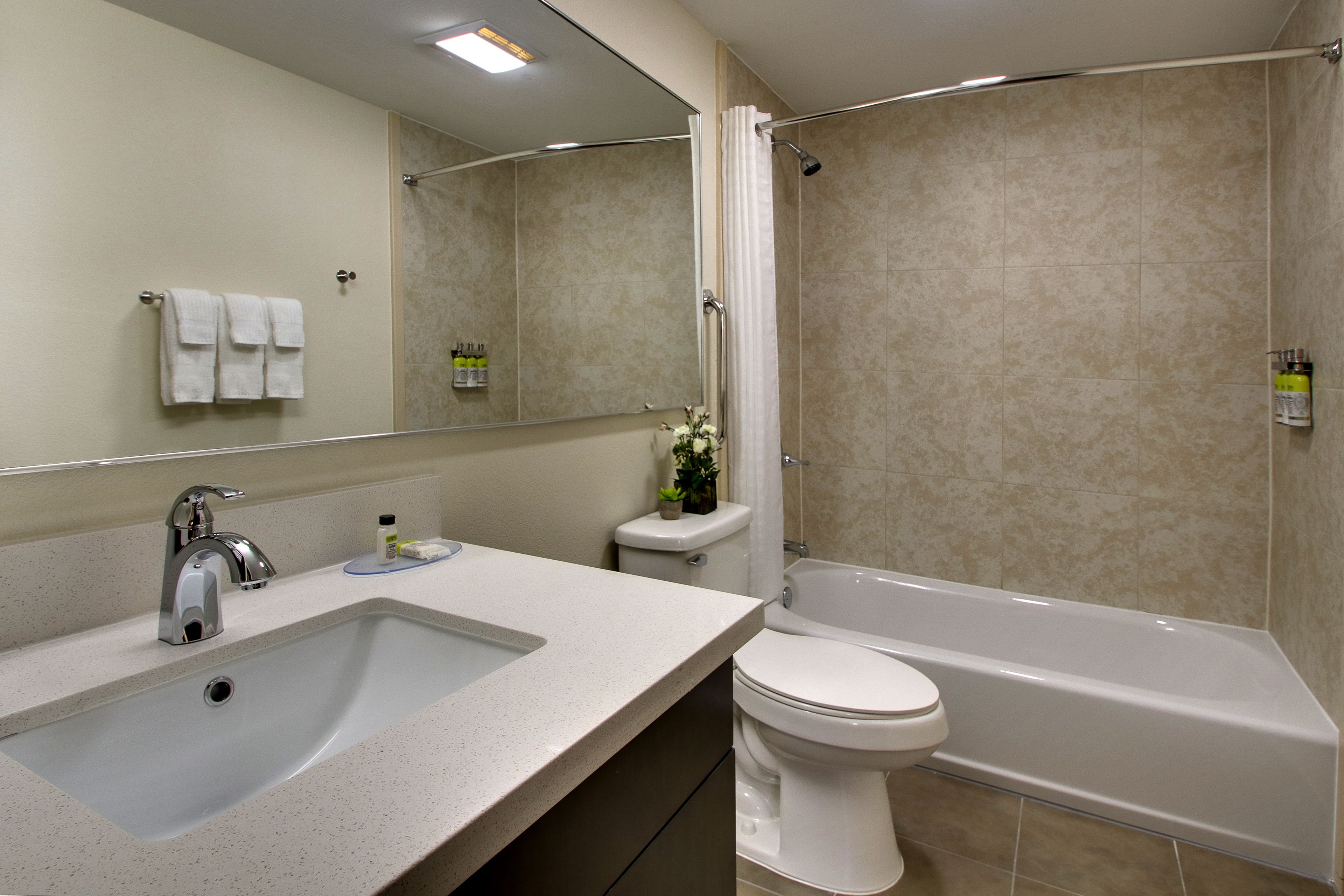 combined shower/bathtub, hair dryer, towels