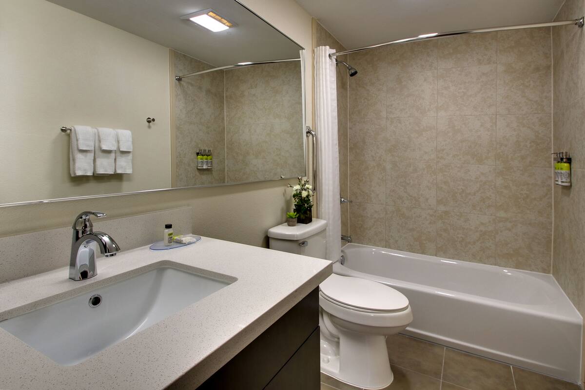 combined shower/bathtub, hair dryer, towels