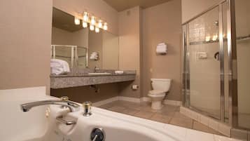 A modern bathroom with a large bathtub, a glass-enclosed shower, a toilet, and a vanity with a mirror and lights.