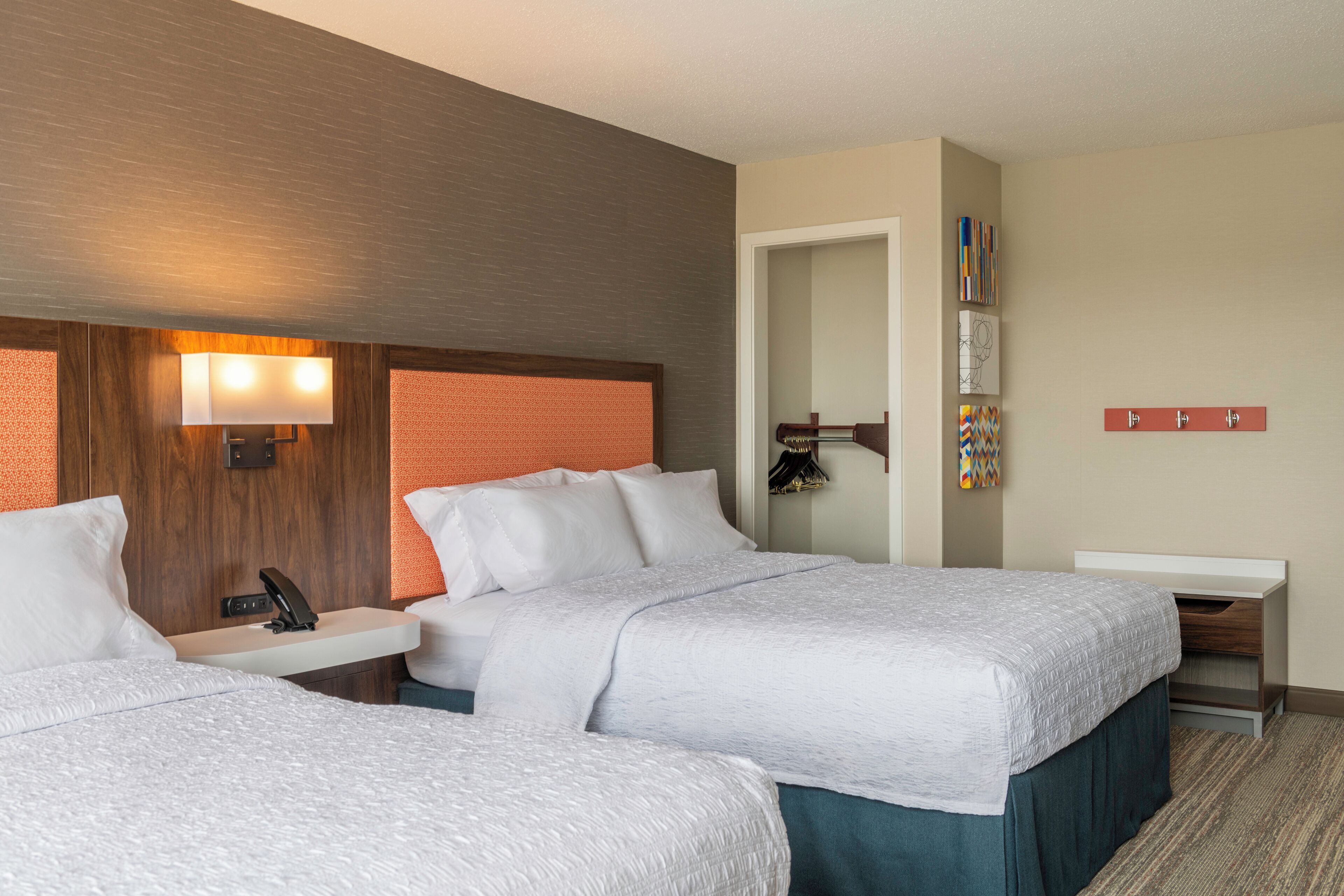 Premium bedding, pillowtop beds, desk, laptop workspace
