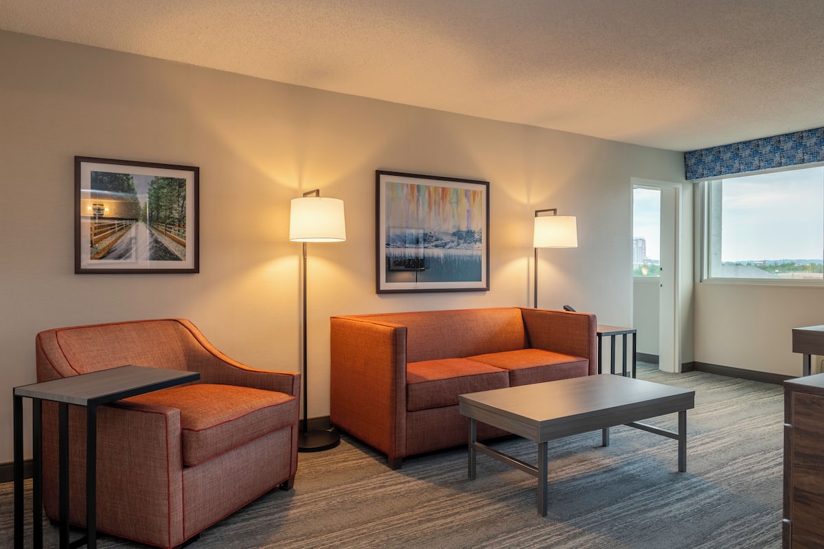 suite, 1 king bed, refrigerator & microwave (wet bar) | living area | 32-inch flat-screen tv with cable channels, tv