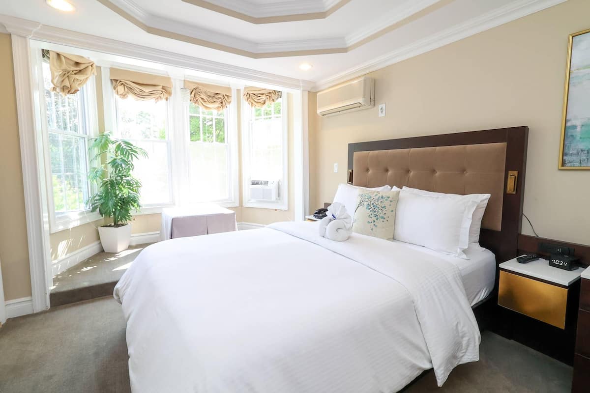 A neatly arranged hotel room with a large bed, a bedside table with a clock, and a potted plant by the window.