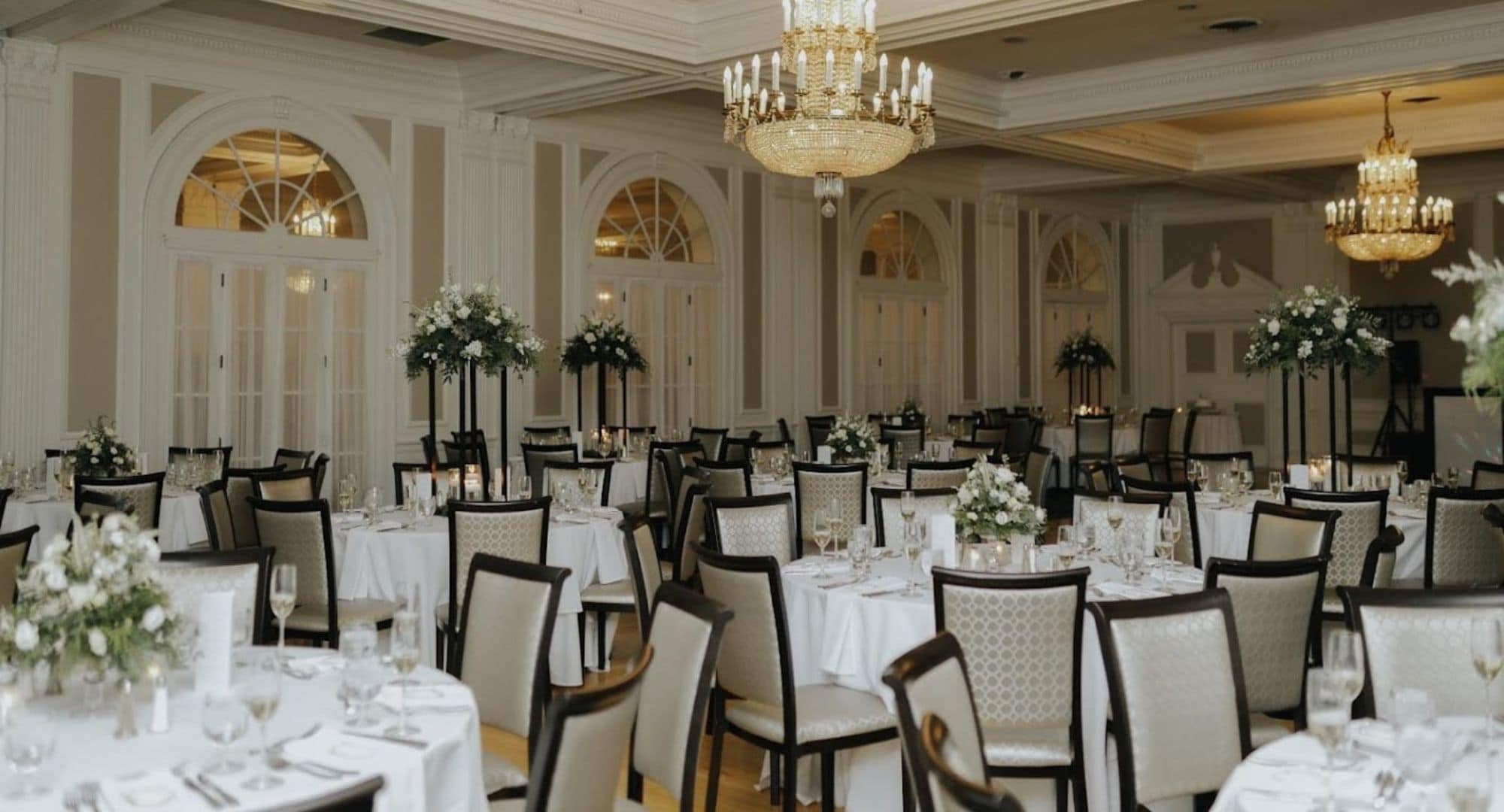Un salón de banquetes con mesas redondas, sillas y candelabros.