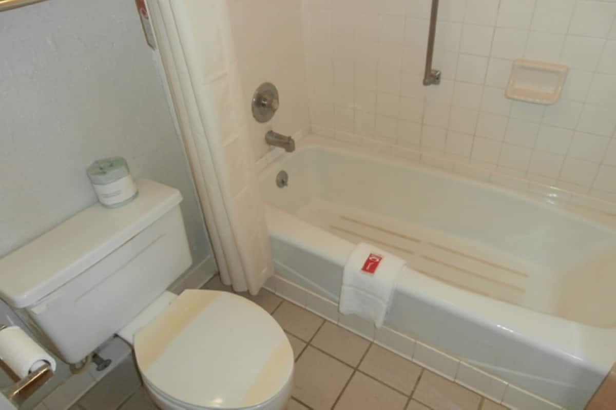 Ein Badezimmer mit Toilette, Badewanne und Dusche.