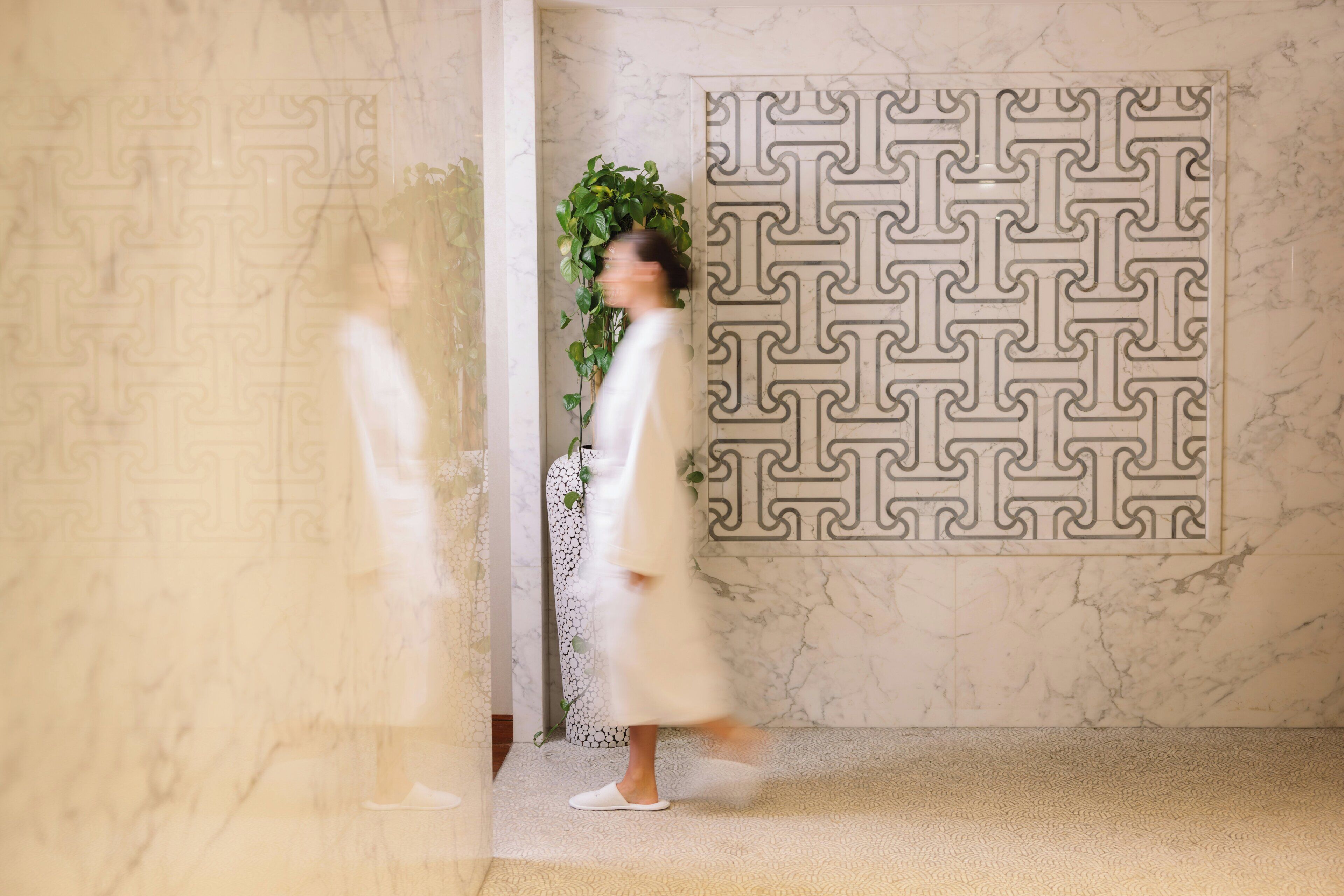 A room with a patterned wall, a potted plant, and a person walking.