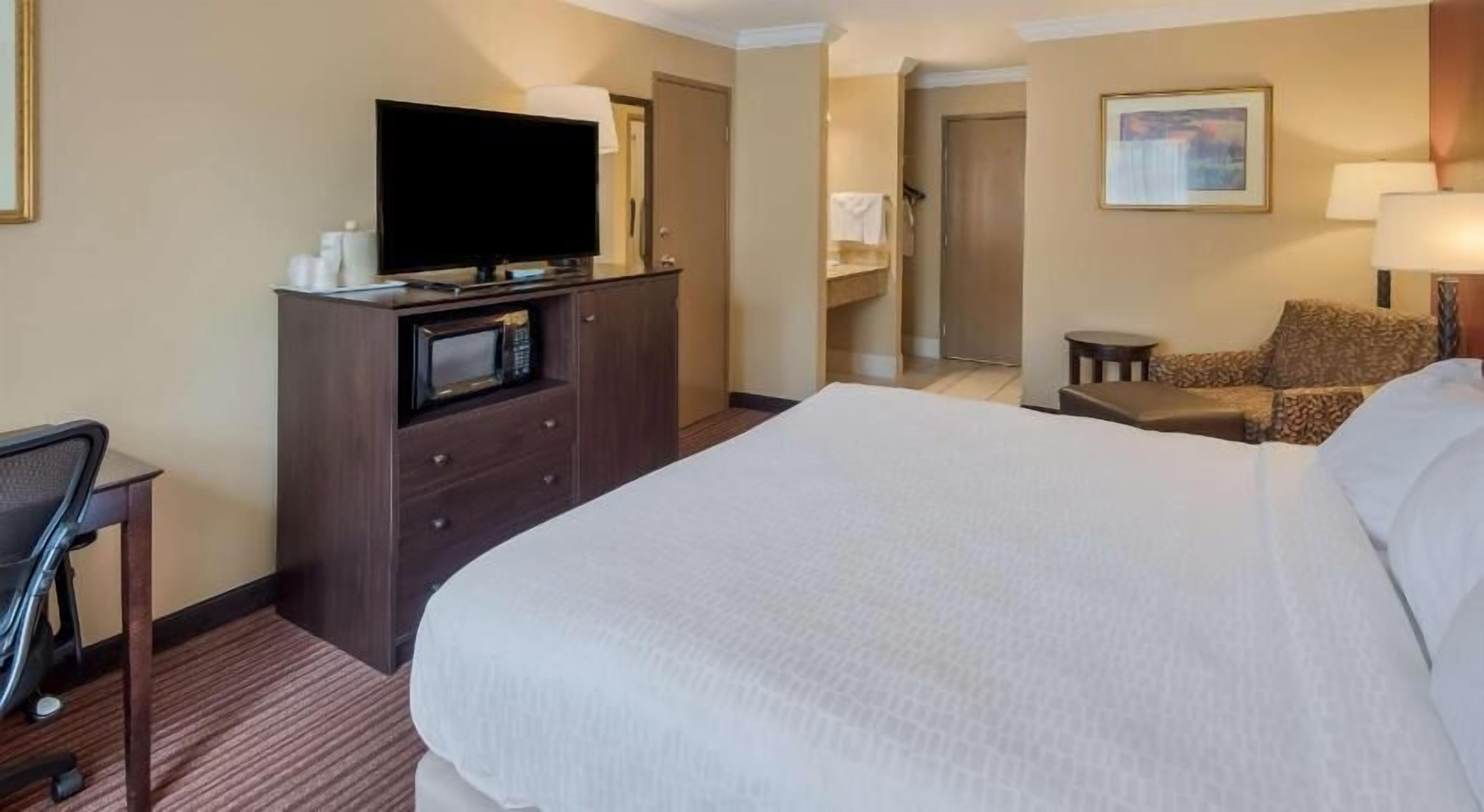 A hotel room with a bed, a TV, a desk, a chair, a microwave, and a bathroom.
