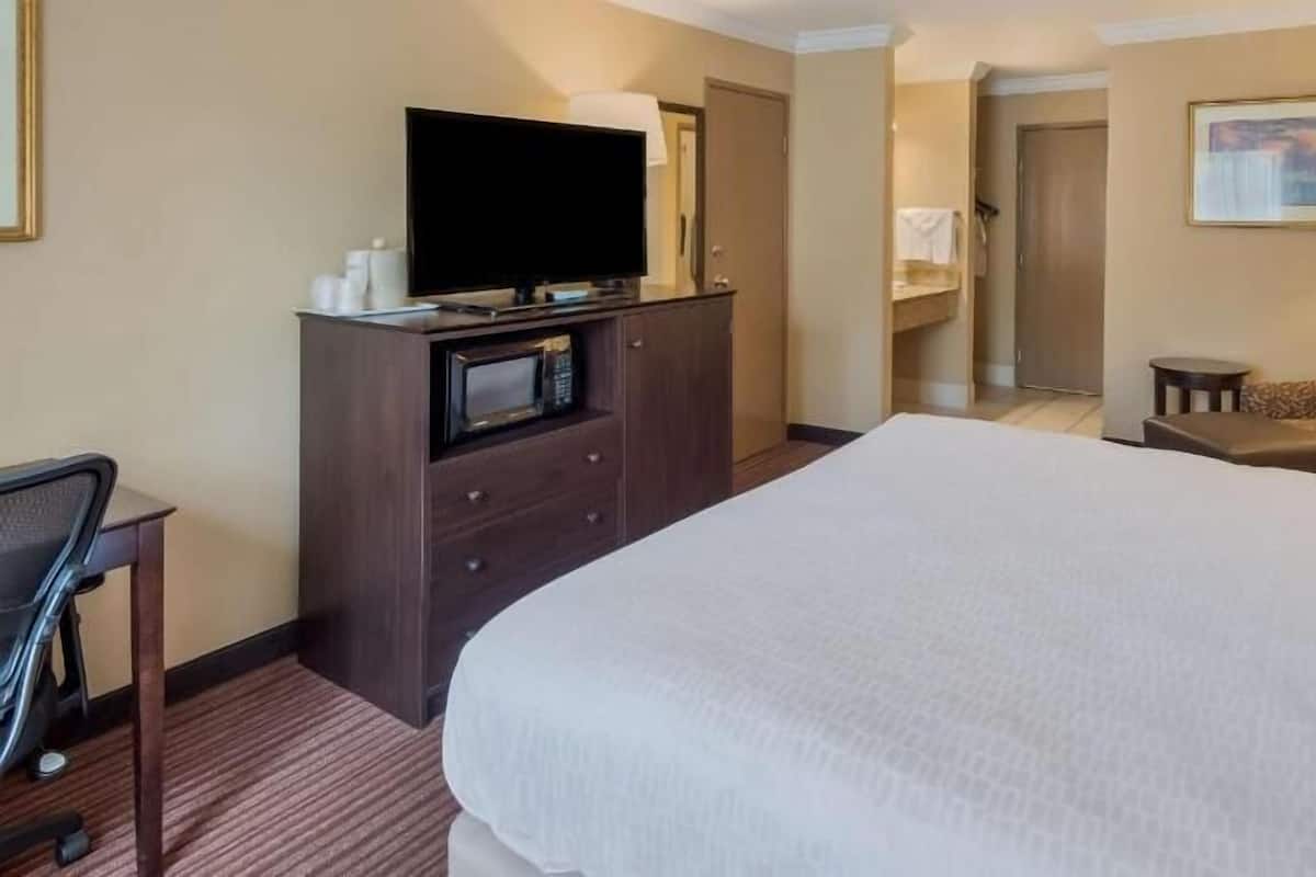 Une chambre d’hôtel équipée d’un lit, d’une télévision, d’un bureau, d’une chaise, d’un four à micro-ondes et d’une salle de bain.