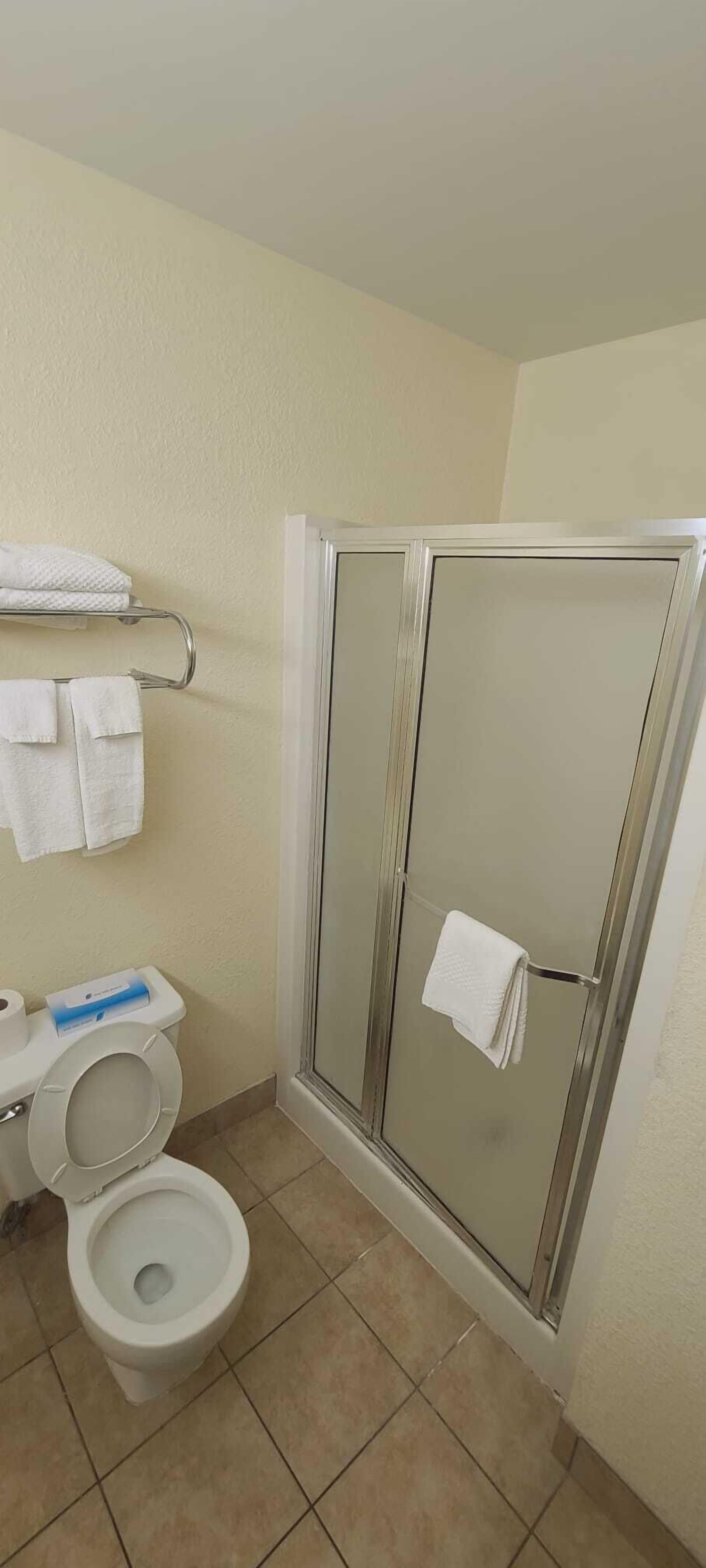A bathroom with a toilet, a shower enclosure, and a towel rack with towels.