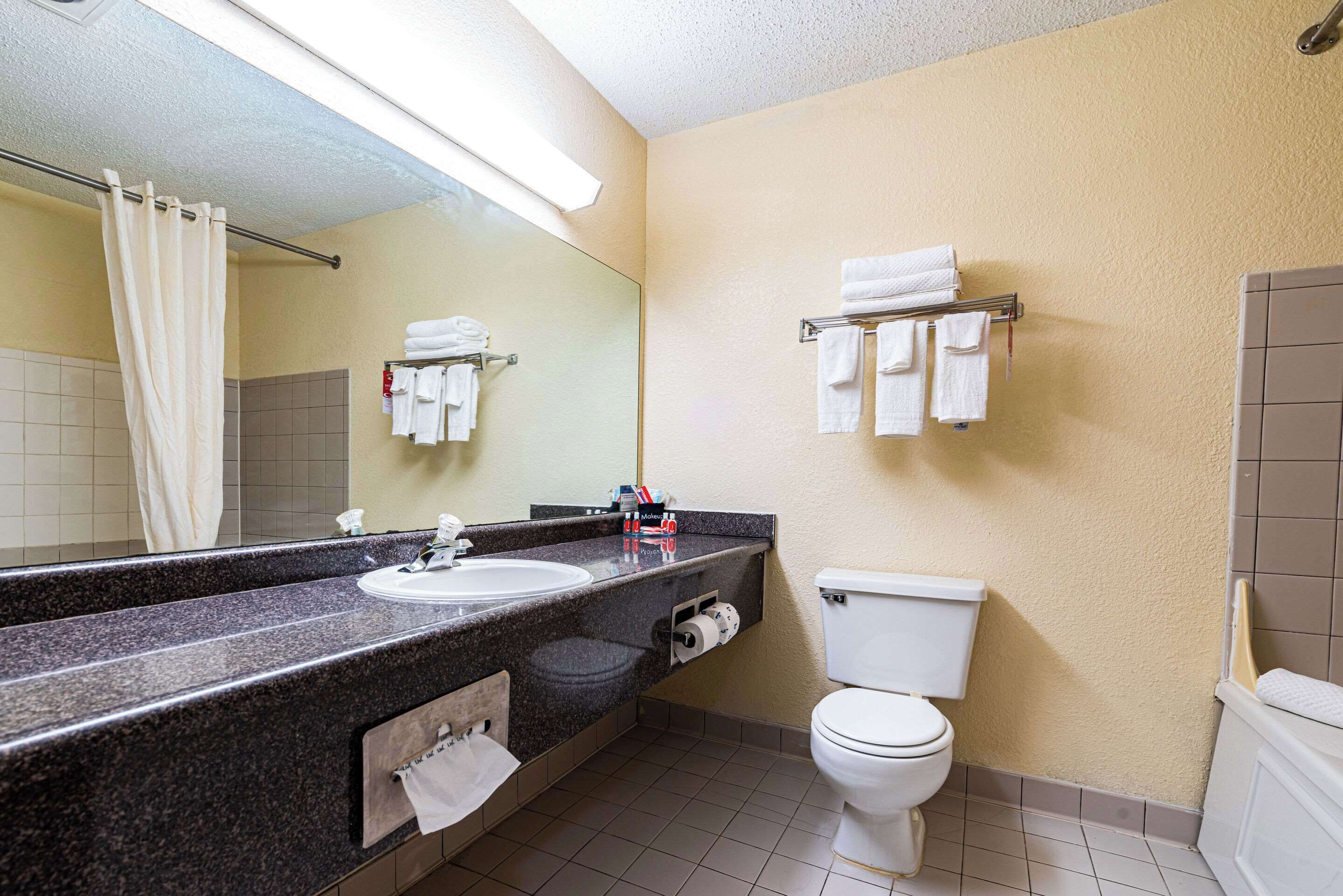 Une salle de bain équipée d’un lavabo, d’un miroir, de toilettes et d’un porte-serviettes.