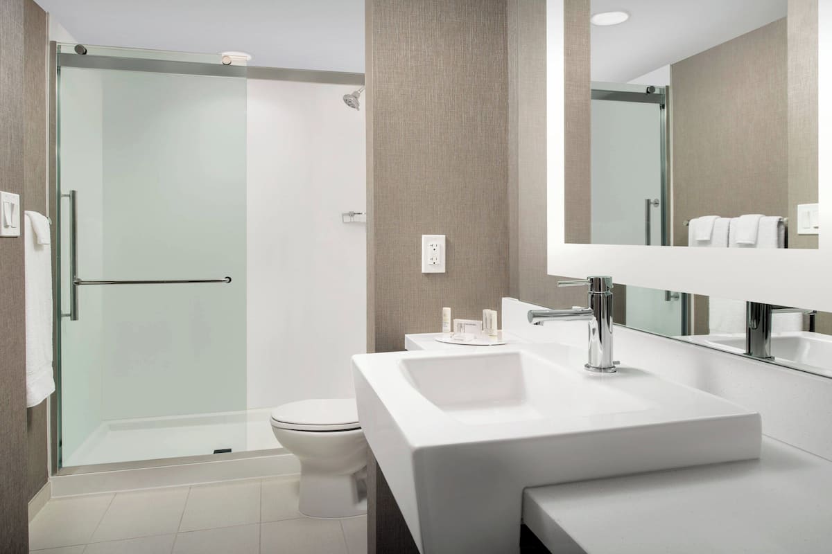 designer toiletries, hair dryer, towels