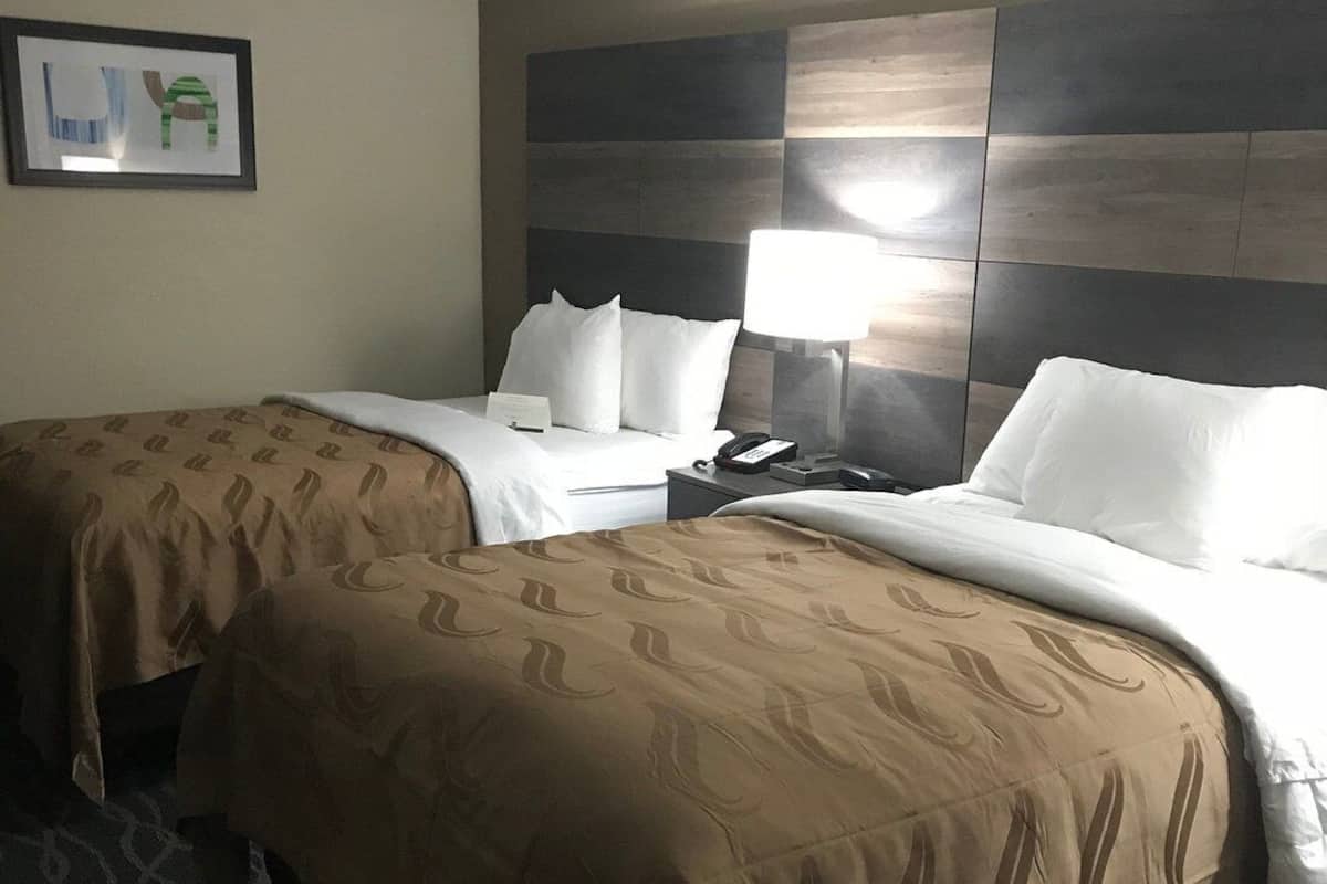 A hotel room with two beds, a nightstand, a lamp, and a framed picture on the wall.