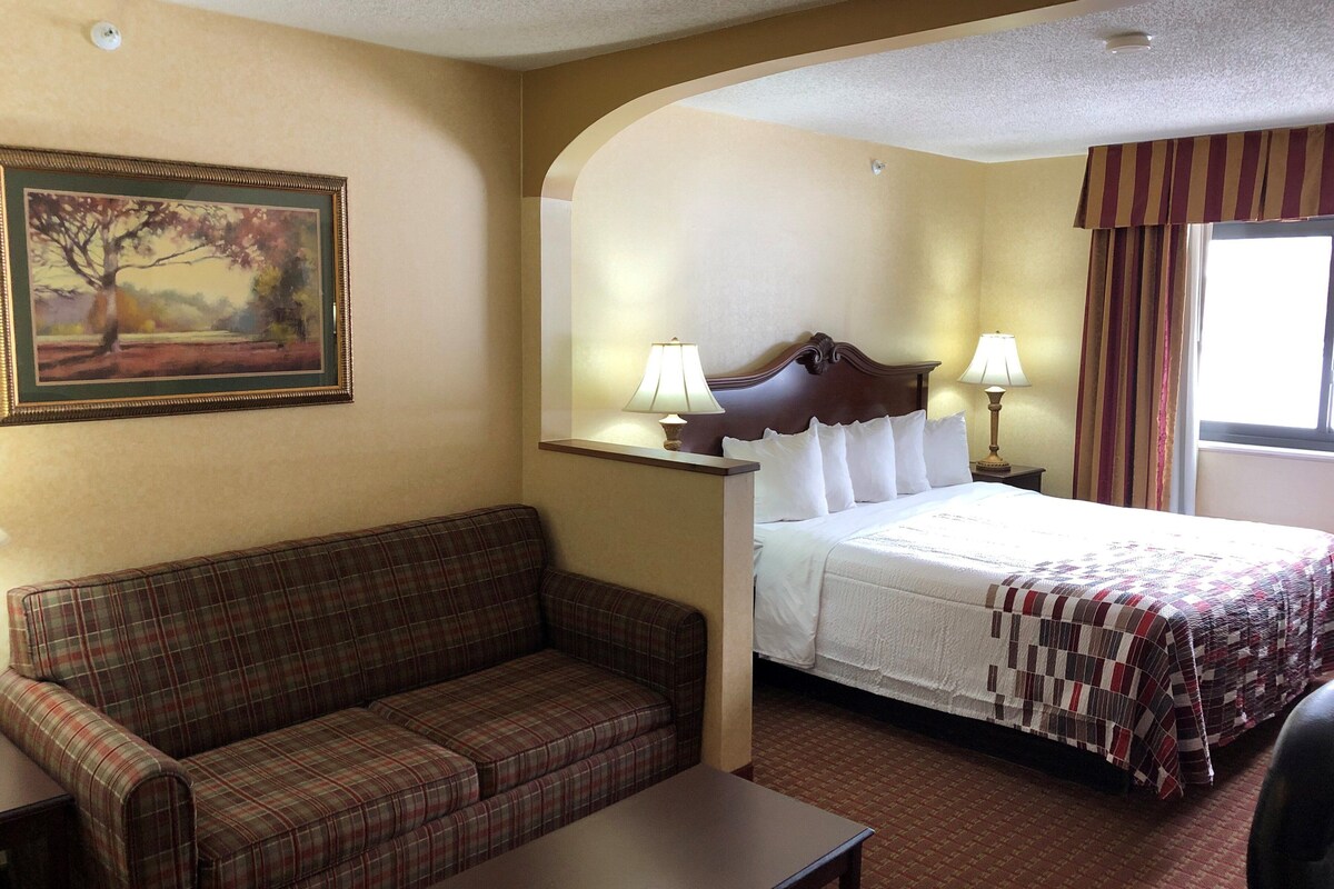 A hotel room with a bed, a sofa, a painting, and a window with curtains.