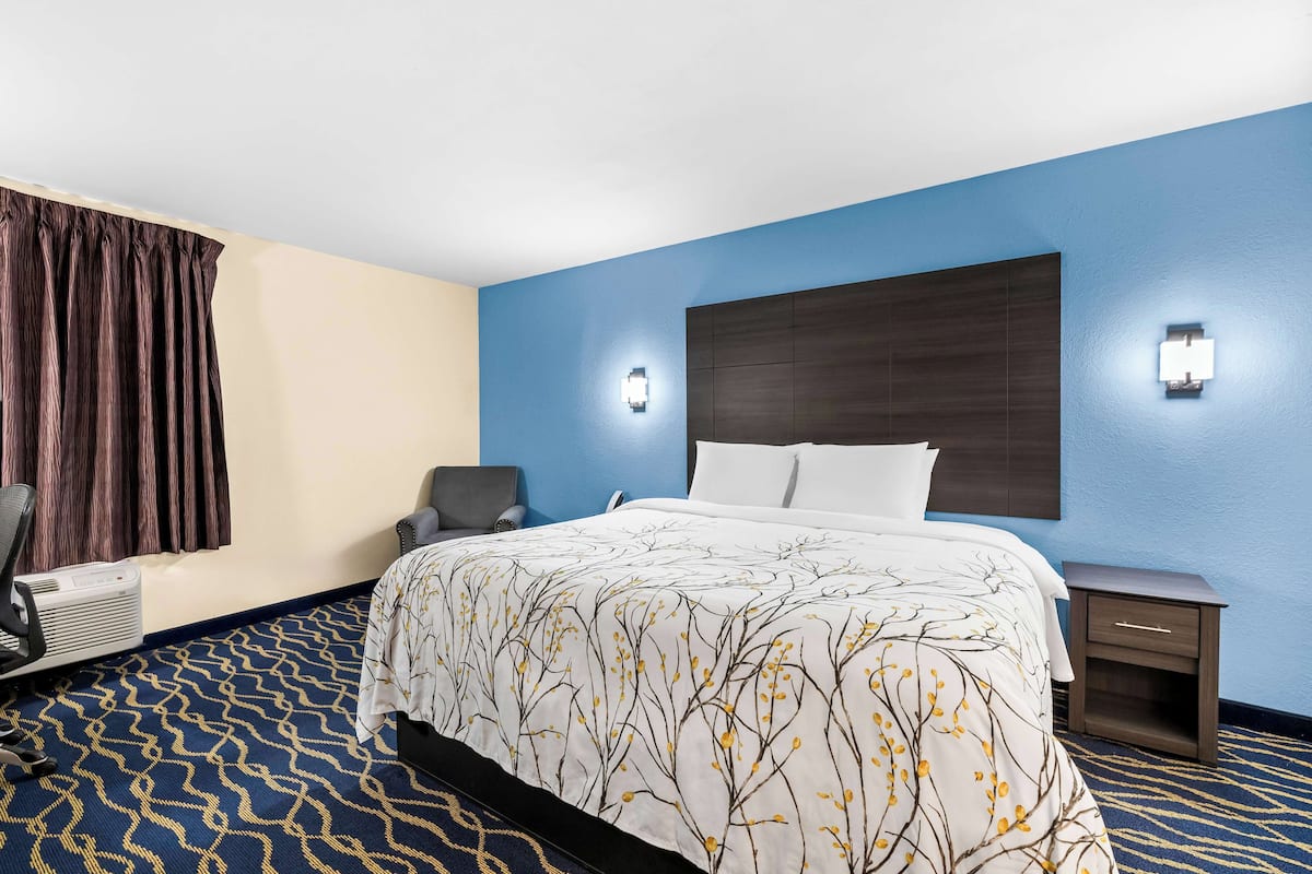 A hotel room with a large bed, a chair, a desk, and a nightstand.