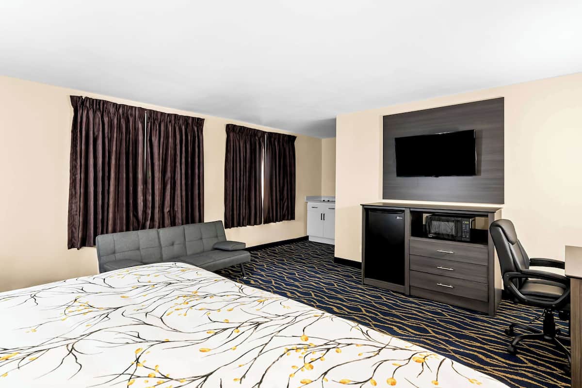 A hotel room with a bed, a desk, a chair, a television, and a minibar.