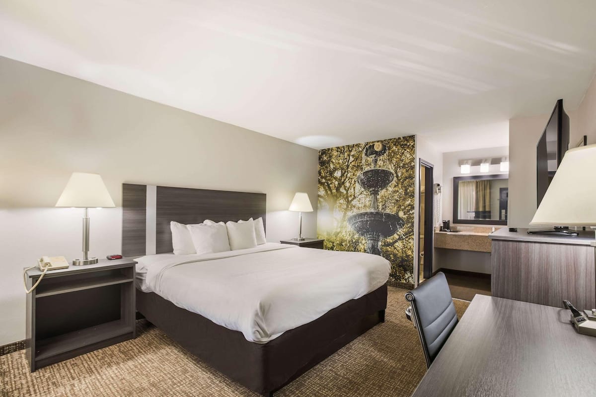 A hotel room with a bed, bedside tables with lamps, a desk with a chair, a mirror, and a wall with a decorative painting.