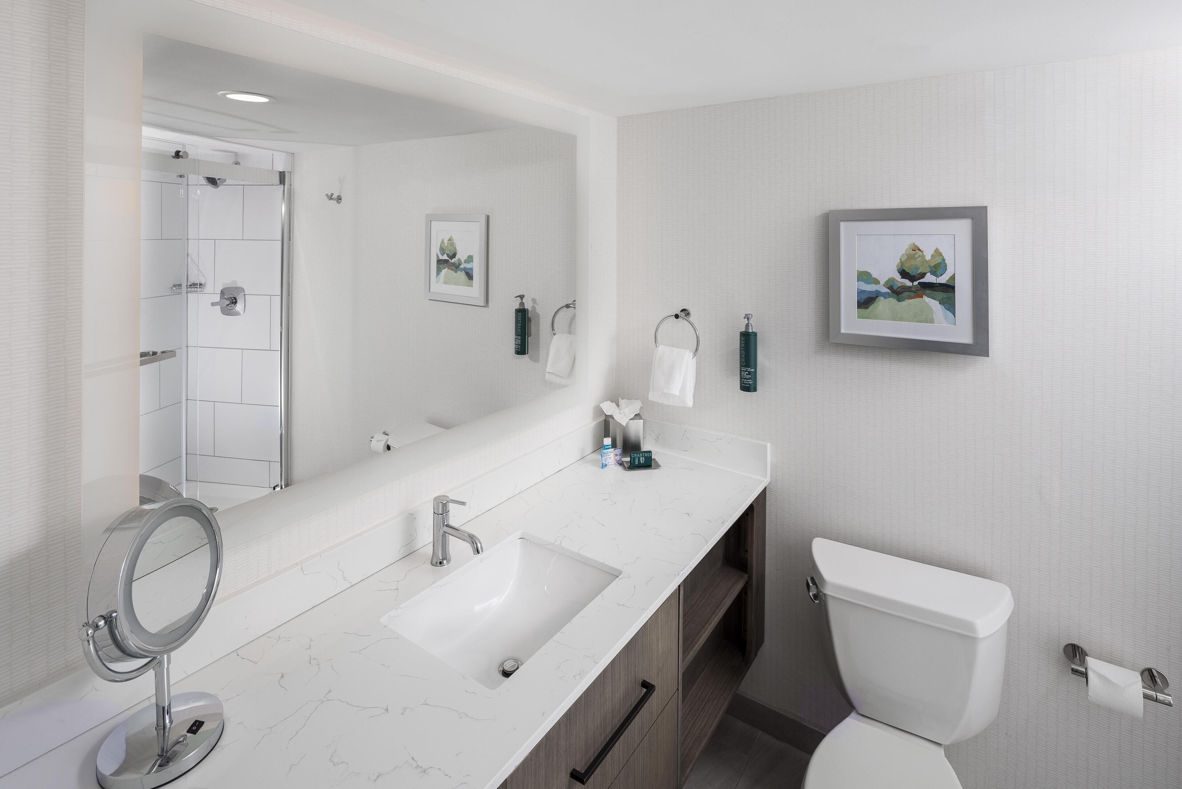 Ein modernes Badezimmer mit Waschbecken, Spiegel, Toilette und Duschbereich.