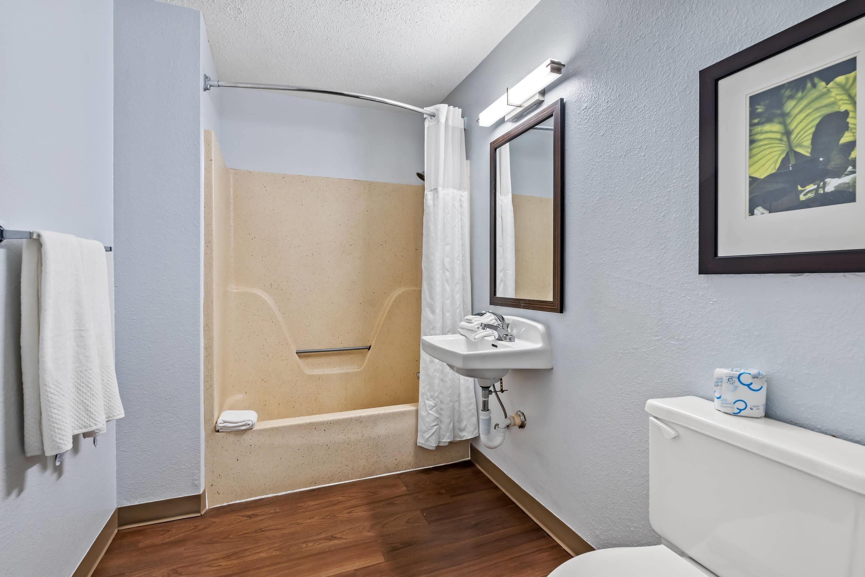A bathroom with a shower, sink, toilet, and a framed picture on the wall.