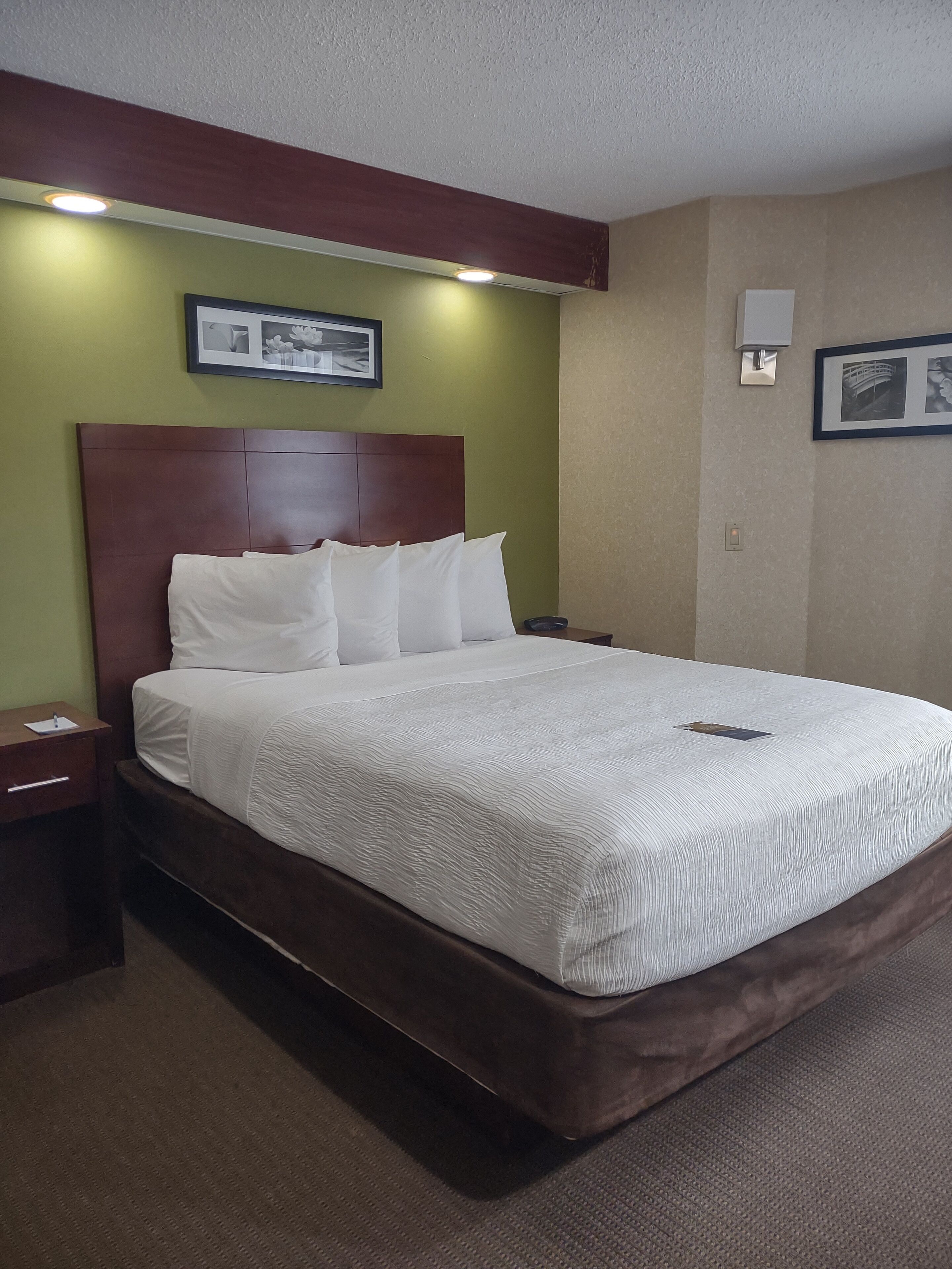 A hotel room with a large bed, a wooden headboard, a nightstand, and a wall-mounted light fixture.