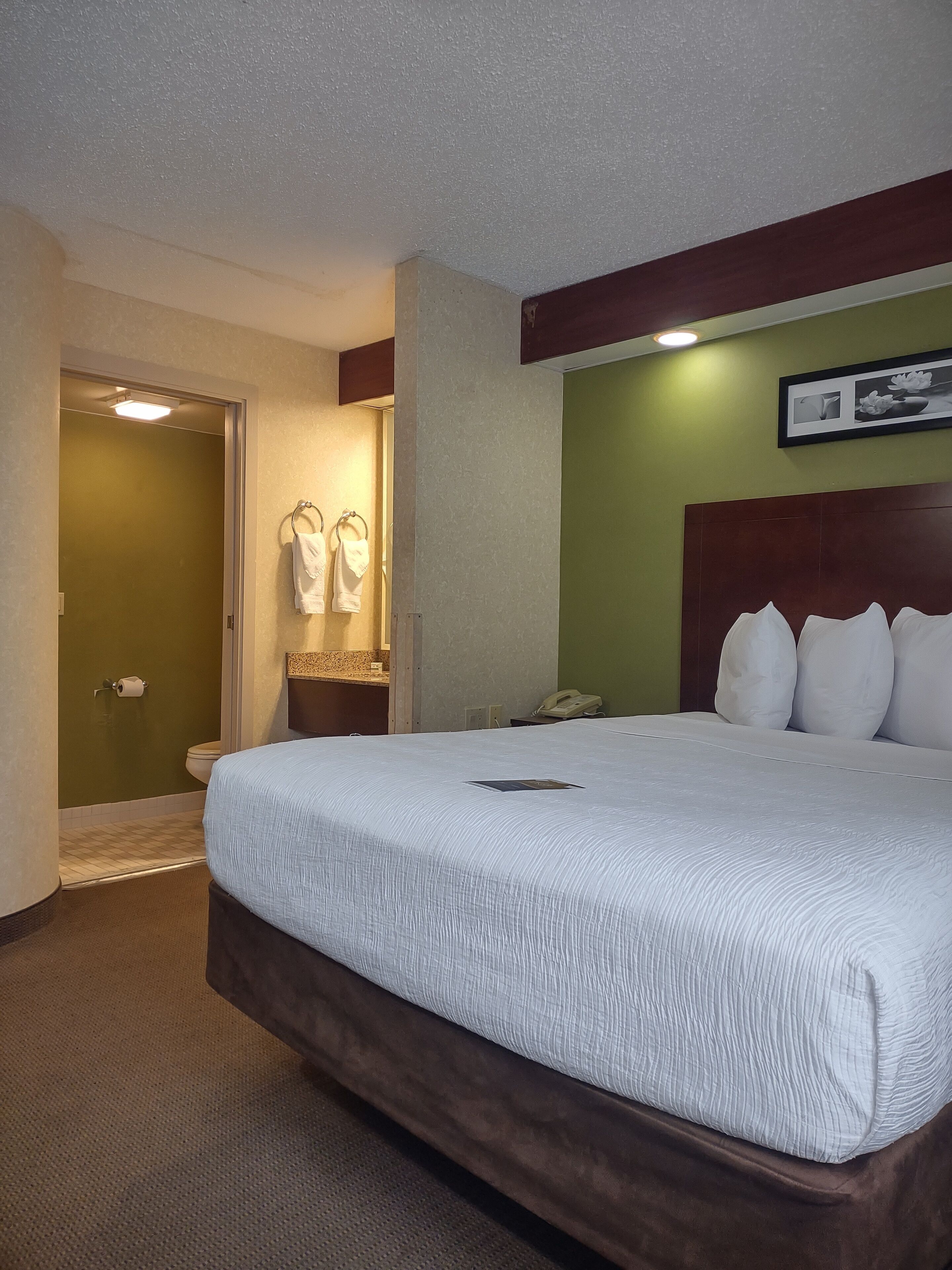 Ein Hotelzimmer mit einem großen Bett, einem Badezimmer inklusive Toilette und Handtuchhalter sowie einem Telefon auf dem Nachttisch.