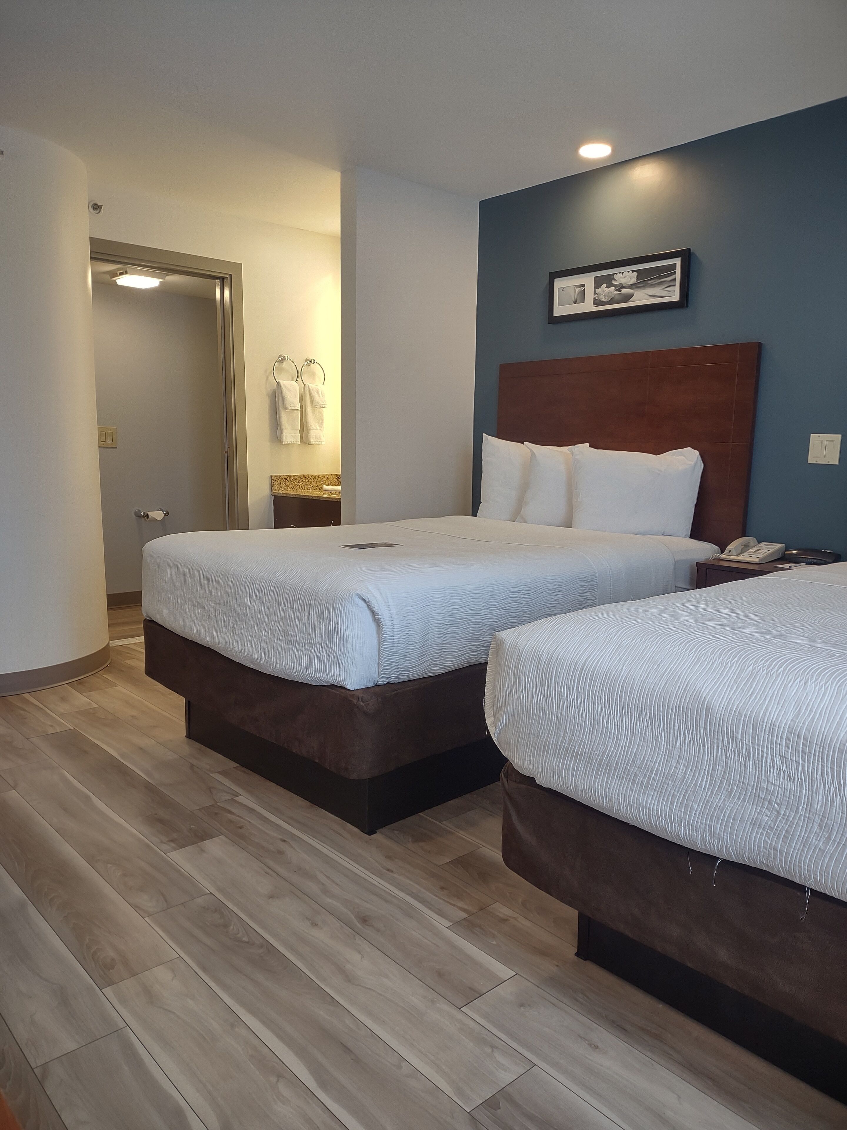 Habitación, 2 camas matrimoniales, para no fumadores | Edredón, escritorio y espacio para trabajar con laptop 