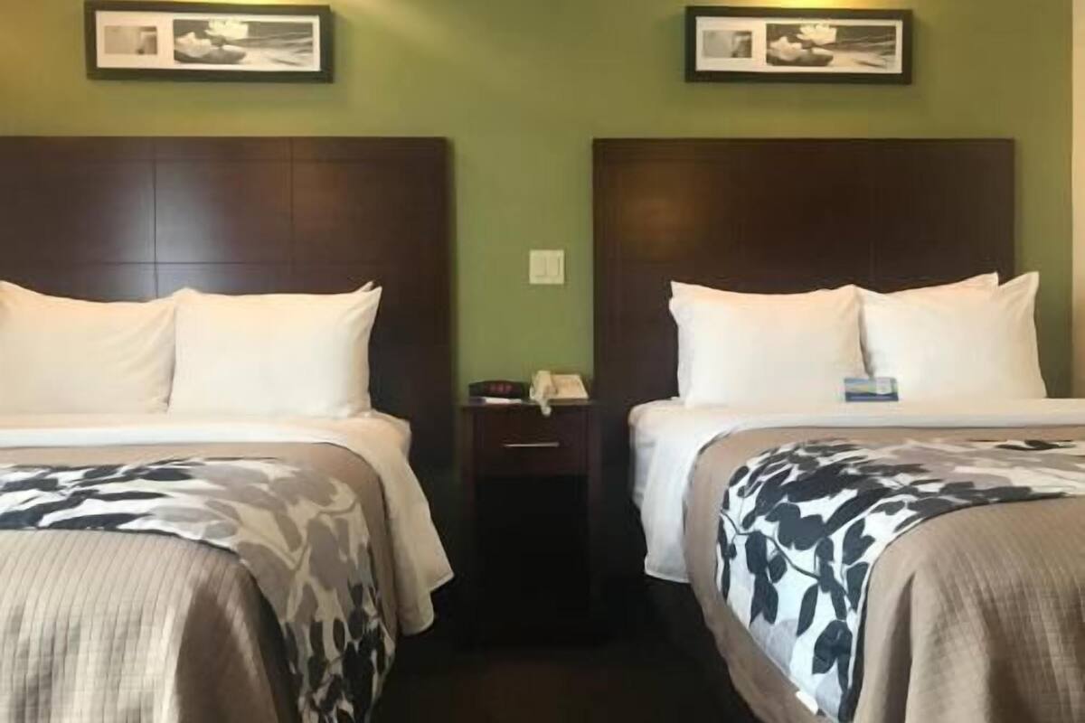 Down comforters, desk, laptop workspace, blackout drapes